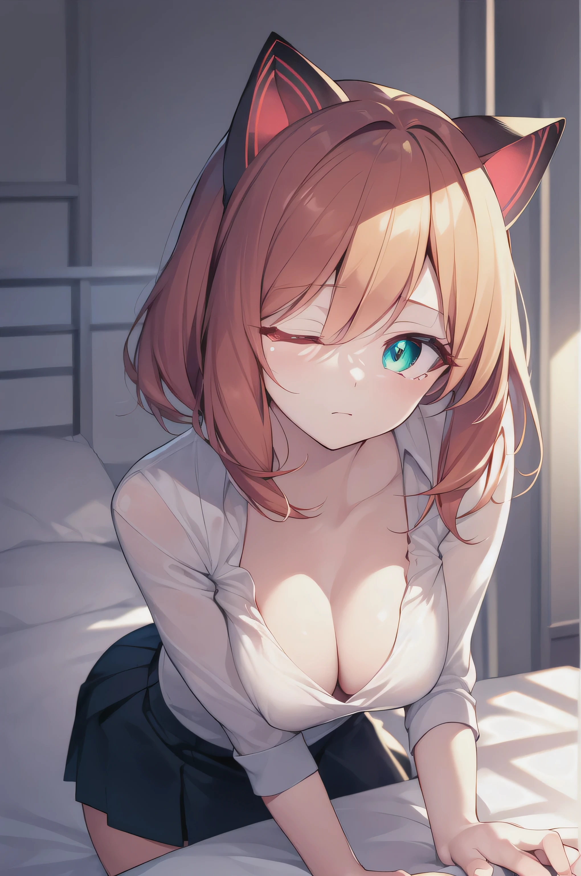 s hair, short hair, Cat ear, Green eyes:1.5), (Medium Breast:1.2),
Relaxation Mini Skirt, Black skirt, White shirt, Setofuku,Low-cut,Cleavage,With eyes closed,
Resting looking at viewer,
Rest indoors, Bedroom rest (masterpiece:1.2), best quality, high resolution, Unity 8k Wallpaper, (illustration:0.8), (Beautiful and delicate eyes:1.6), Extremely detailed face, Perfect lighting, Extremely detailed CG, (Perfect hands, Perfect anatomical structure),