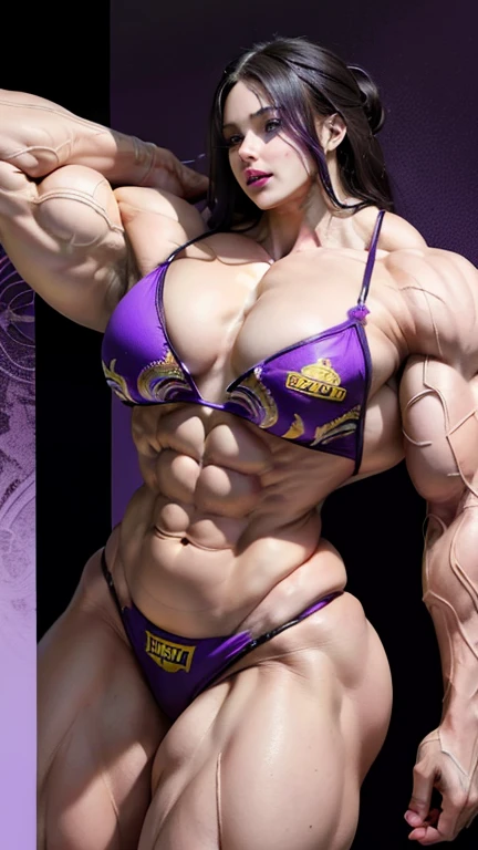 Hyper-realistic 8K CG, (((Ultra detailed background, Exquisite patterns, Intricate details, Very detailed, fine details))), best quality, (lifelike:1.4),Scary lights, (((Large Breasts, Thick girl))), 1 girl, Solitary, long hair, Purple long hair, ((Thick girl, Large Breasts, Ultra-thin lips, Purple mouth)), Purple lips, (((thigh, Abdominal muscles,Purple Bikini, Purple Eyes))),(((Bodybuilder:1.5)))
