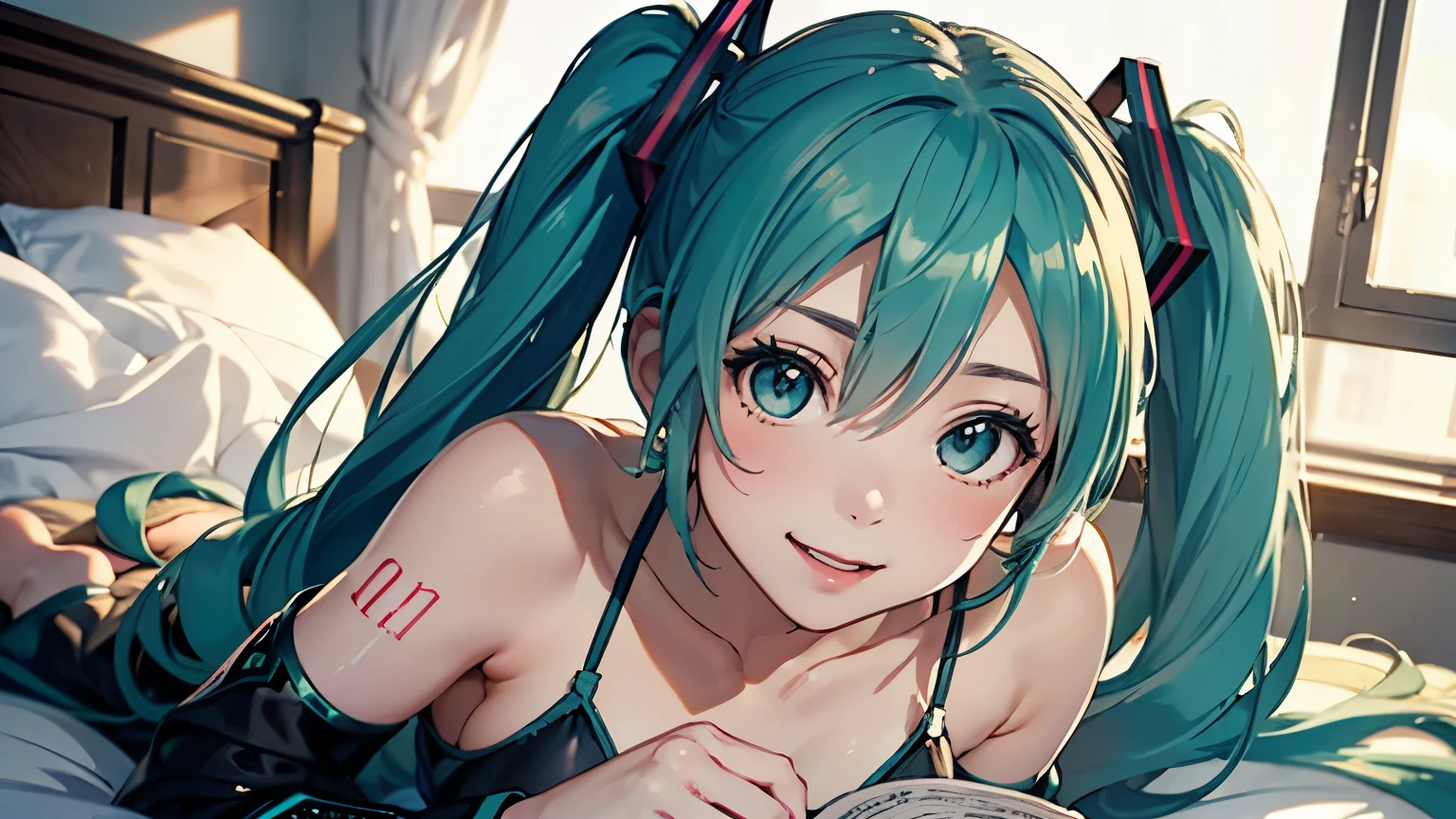 masterpiece, highest quality, highest quality,Official Art),(Hatsune Miku1人:1.3),(魅力的なHatsune Miku),((masterpiece, highest quality))、8k、One Woman、((18-year-old))、((Green Hair))、Big eyes、Sparkling eyes、Beautifully drawn eyes、smile、Large Breasts、Bikini、Beautiful night view、Near and far in the air、Hatsune Miku、Reading in bed
