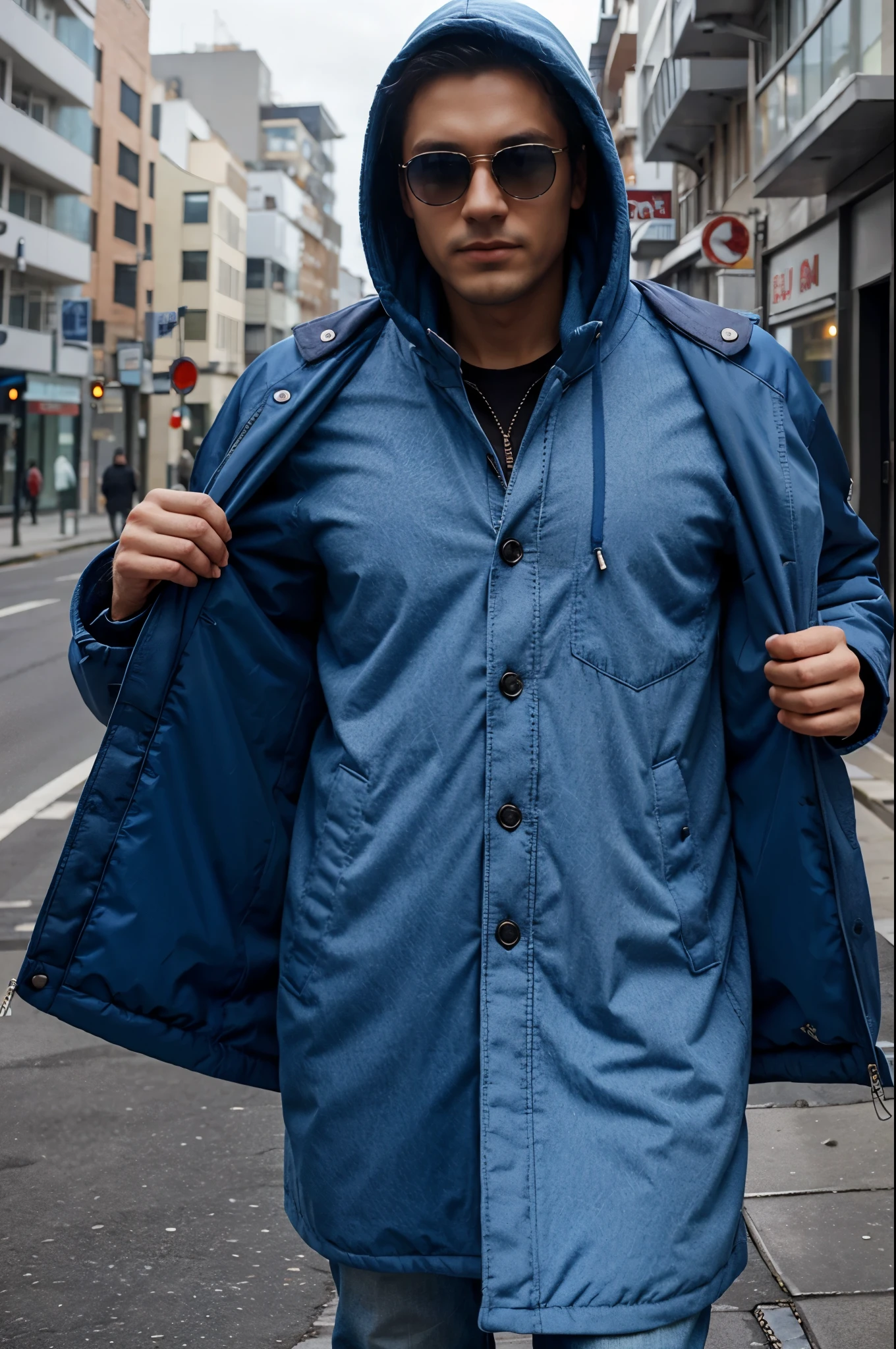 Fashion jackets big small extra large large extra small for men, blue color with 4 outside pockets, small and removable hood, warm in the winter and cool in the summer
