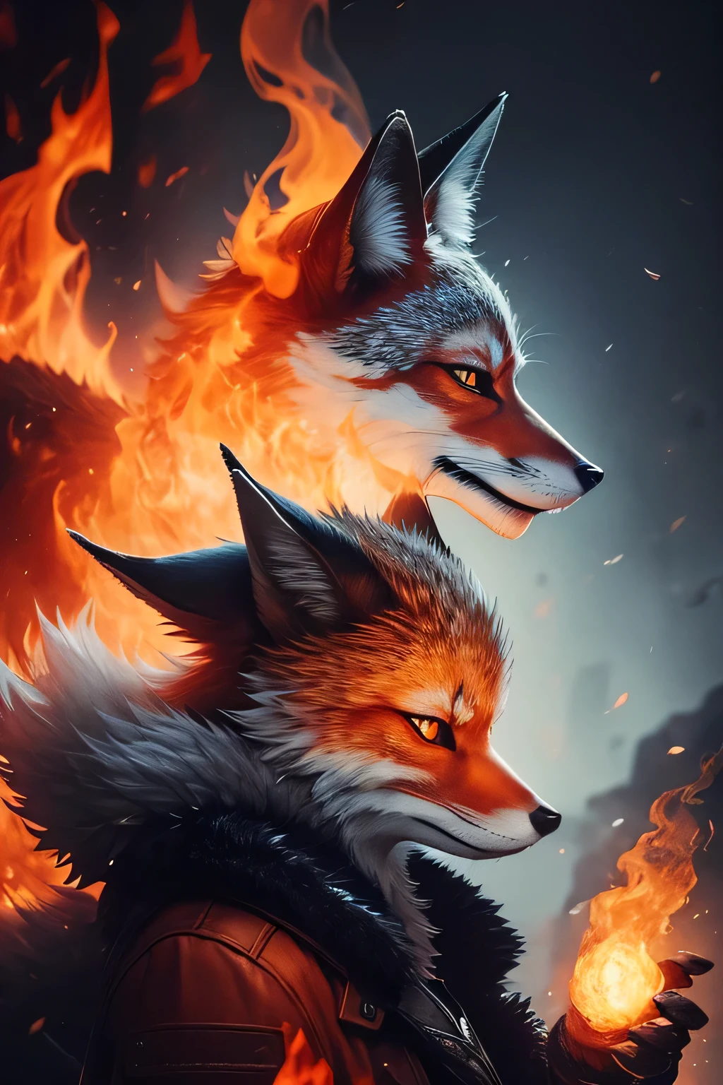 Fox Demon,animal,Down Jackets,Foxfire Curse,Familiar fox,Dreamy atmosphere,The most beautiful form of chaos,Perfect profile,masterpiece,Perfect lighting,Charming smile,grace,Handsome,Flames on the collar of the jacket,A hand casting flames,