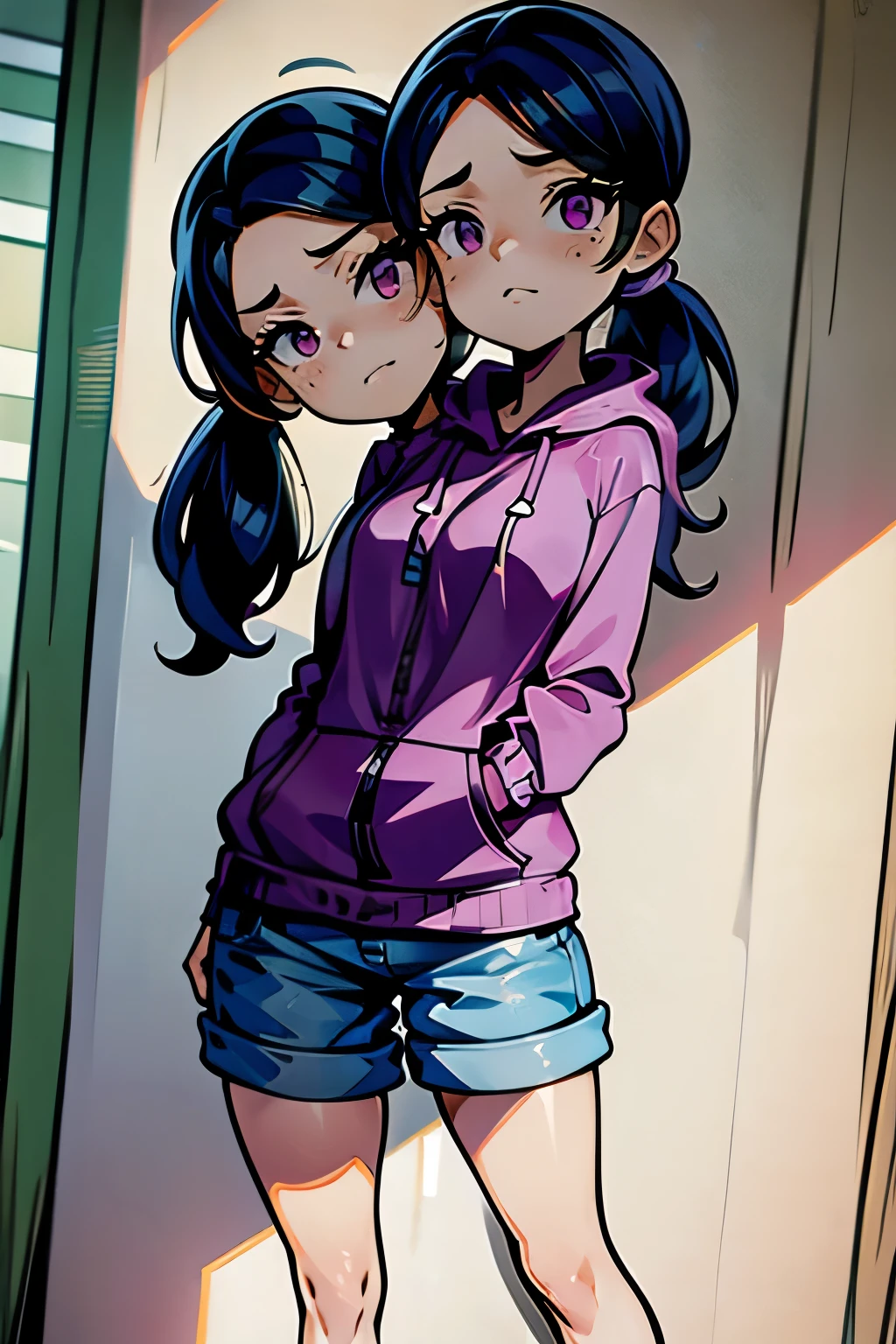 conjoined, 2heads, girl with two heads instead of one, 2head, cuerpo curvilineo, brazos curvilineos, usando shorts, ropa abrigada, piernas curvilineas, anime cartoon, using a purple hoodie, each head has a ponytail, anatomia proporcionada, torso ancho, pechos medianos