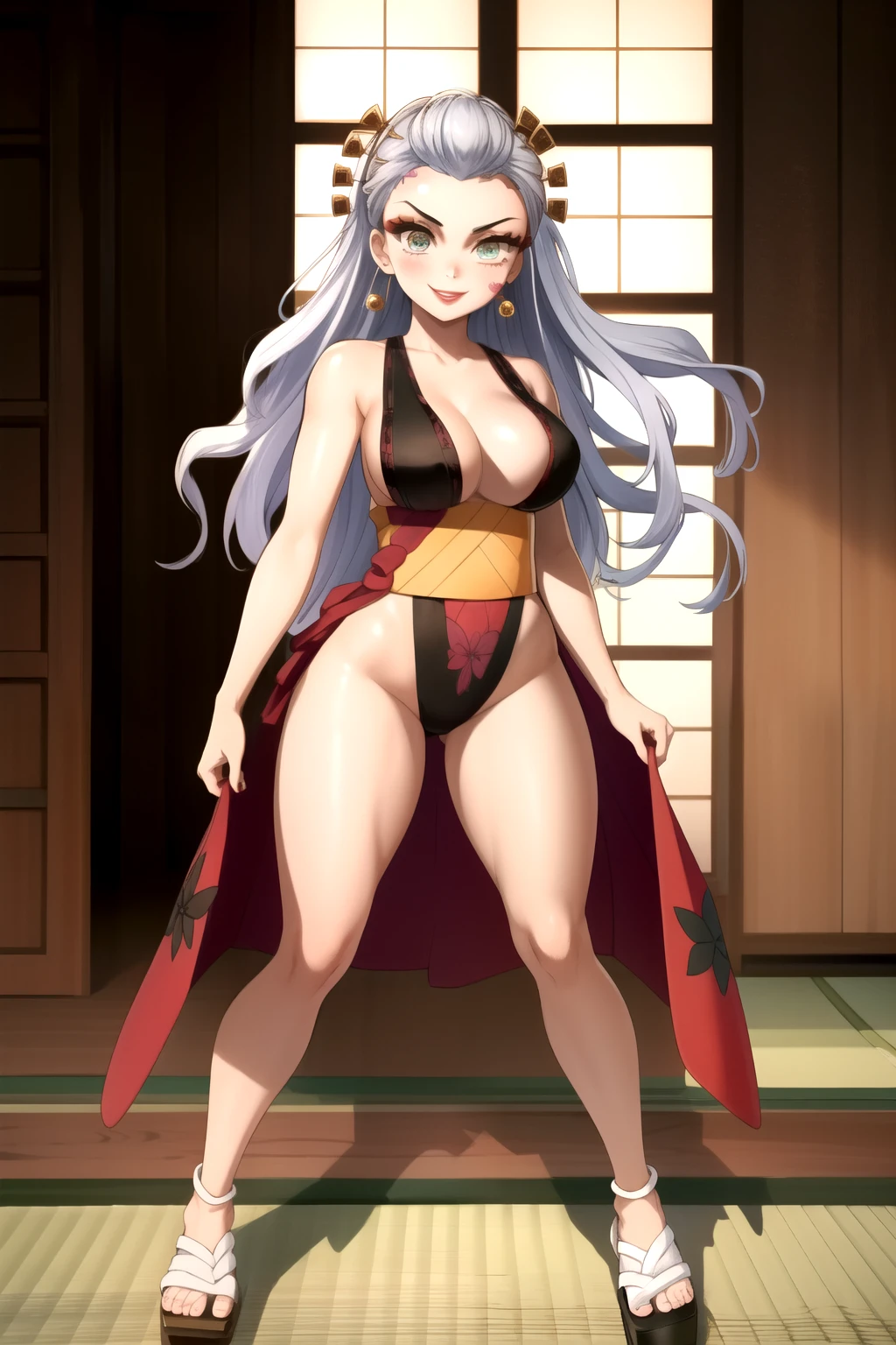 (masterpiece, best quality), intricate details, 1girl, daki-demon slayer, daki-dark, daki-beautiful detailed eyes, daki-beautiful detailed lips, extremely detailed eyes and face, long eyelashes, indoors, japanese room, IncrsSlitPupil, slit pupils, professional shot, smile, grey hair, full body shot,wide hips,big thighs ,looking at viewer,ass pose