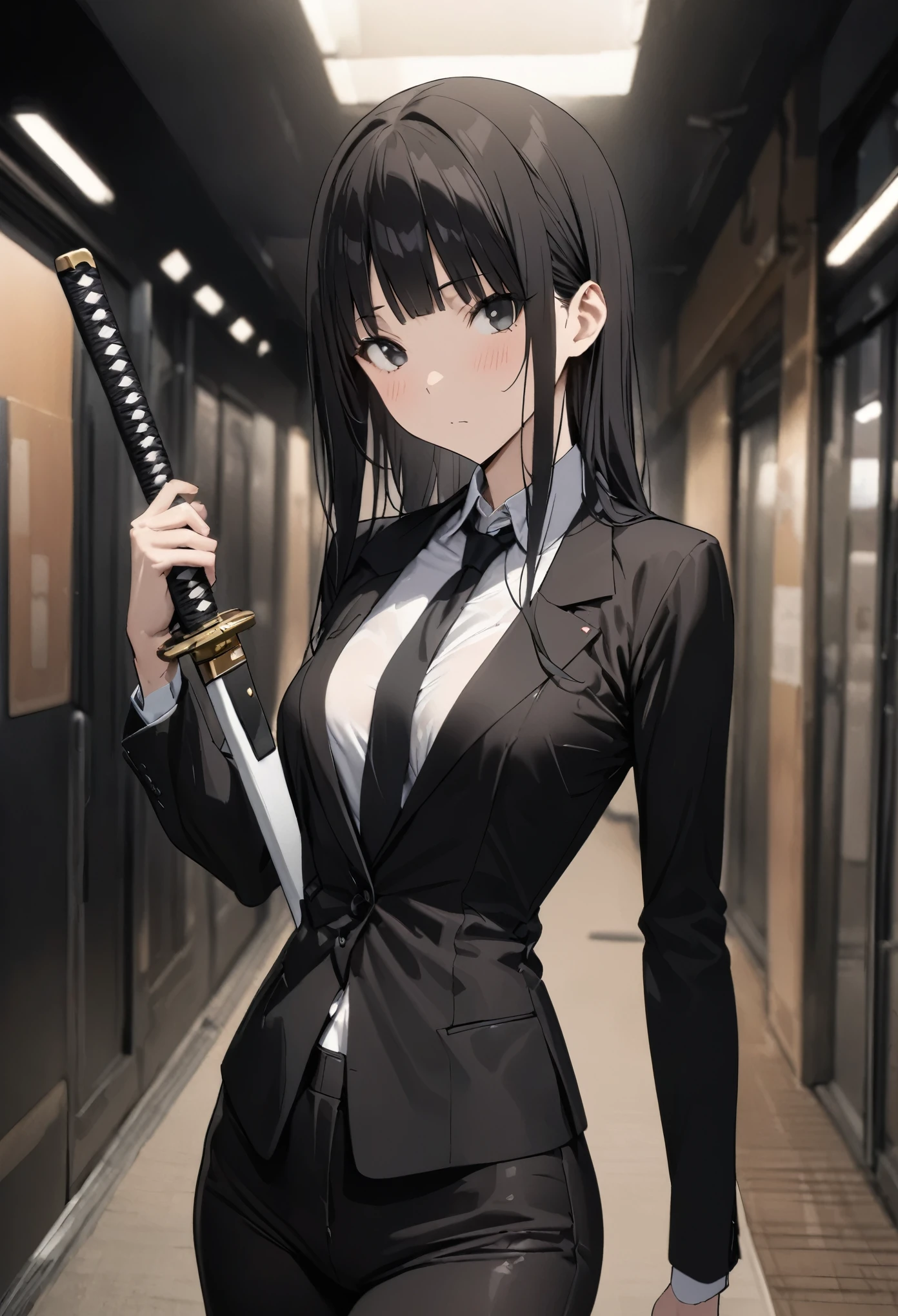 ((masterpiece, highest quality:1.3)),cowboy shot,25 year old beauty,solo,very small head,black hair,long hair,black eyes,blunt,skinny,medium breasts,long body,slender body,skinny,shiny skin,oily skin,Expressionless、Wear a black formal suit、Black tie、Black jacket、Black slacks、Japanese sword in its sheath、carry a Japanese sword、Shibuya Station、neon、at night、