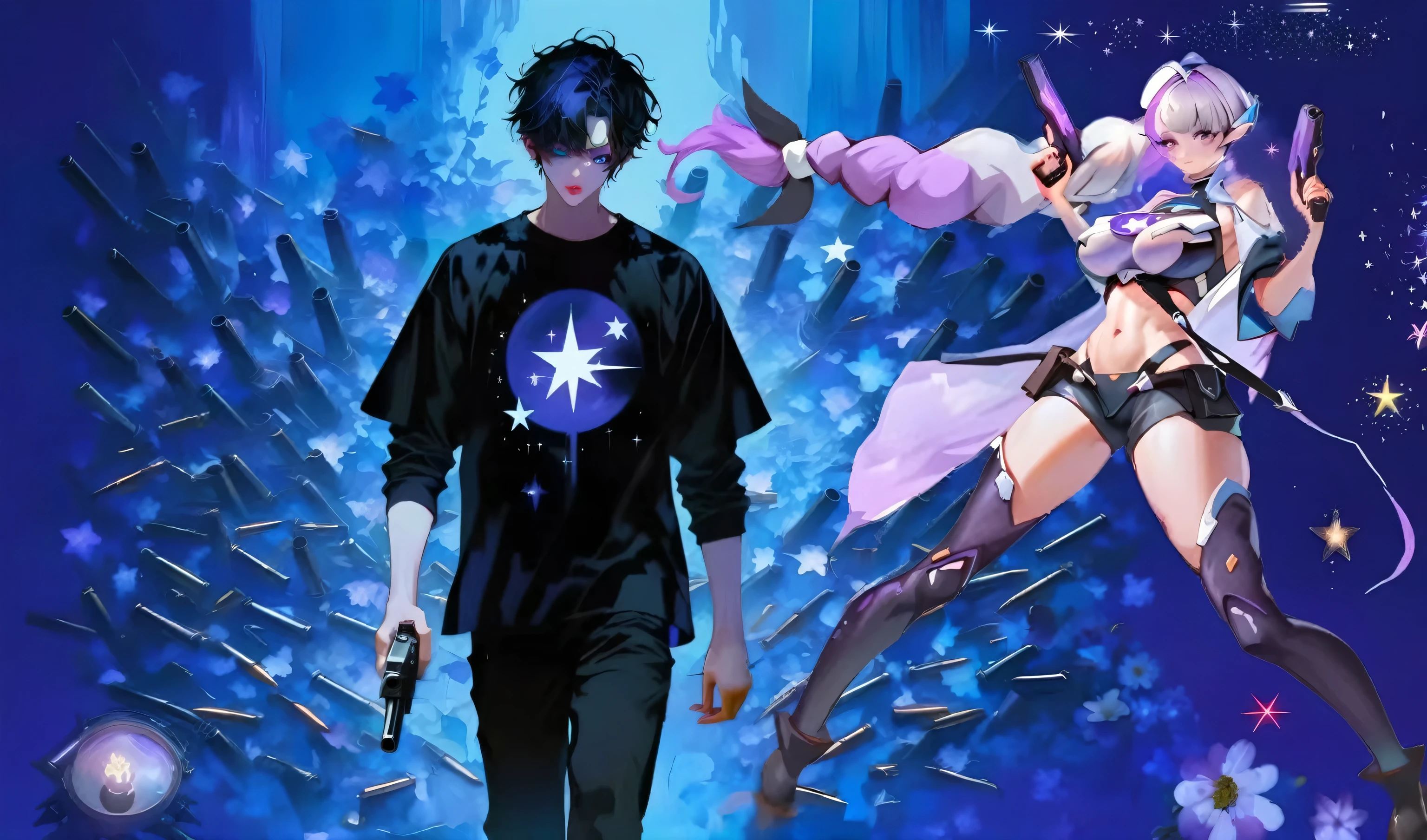 Anime characters on blue background，And a star and a woman, Modern Cyberpunk Anime, Anime Cyberpunk art, Anime Cyberpunk, digital Cyberpunk Anime Art, Anime style 4K, 2d anime style, Digital cyberpunk - anime art, Digital Cyberpunk Anime!!, 2d anime, cyber space cowboy, Cyberpunk Anime Art, Epic anime style, Trigger anime art style