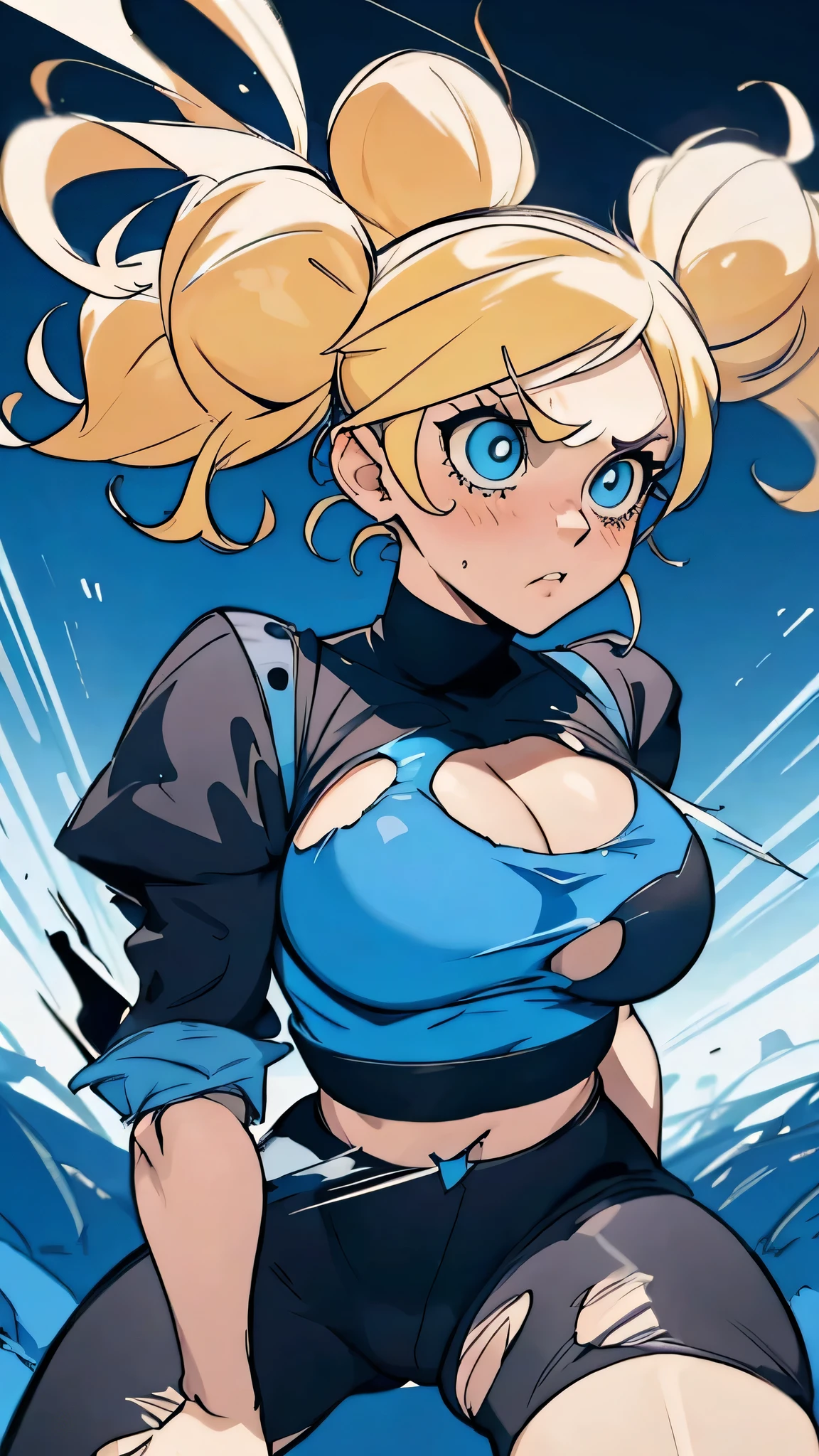 Bubbles from Powerpuff Girls as a Violent Mature Themed Action Anime, blonde pigtails:1.4, ecchi battle damage and wear, Damaged and Ripped clothes, large bouncy breasts:1.2, blue and black clothes, nsfw rips in clothes