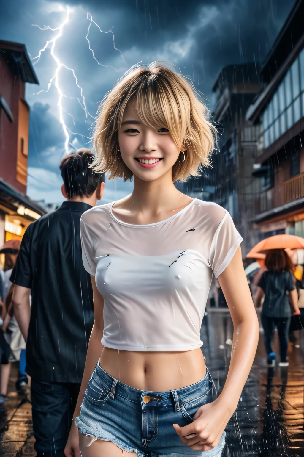 1 Japanese beautiful girl,28yo girl, Super beautiful detailed face, (smile:1.4), earrings, (blonde very short pixie hair over one eye with parted bangs:1.3),(front view), (medium shot), (chubby body), (neutral-colored large areola),((nipples)), BREAK, masterpiece, best quality, ultra quality, high quality, realistic, photo realistic, RAW photo, hyper detailed, intricate detaile,(crowded street:1.3),cinematic lighting,(denim shorts),((no bra)),wetshirt,white T-shirt,(wet hair),(wet clothes), ((dark cloud and sky)), raining, (rain filtered), (rain splashes in water),(lightning:1.3),(raindrops:1.1),(downpour:1.2),(raining:1.3),(nipples poking through shirt),