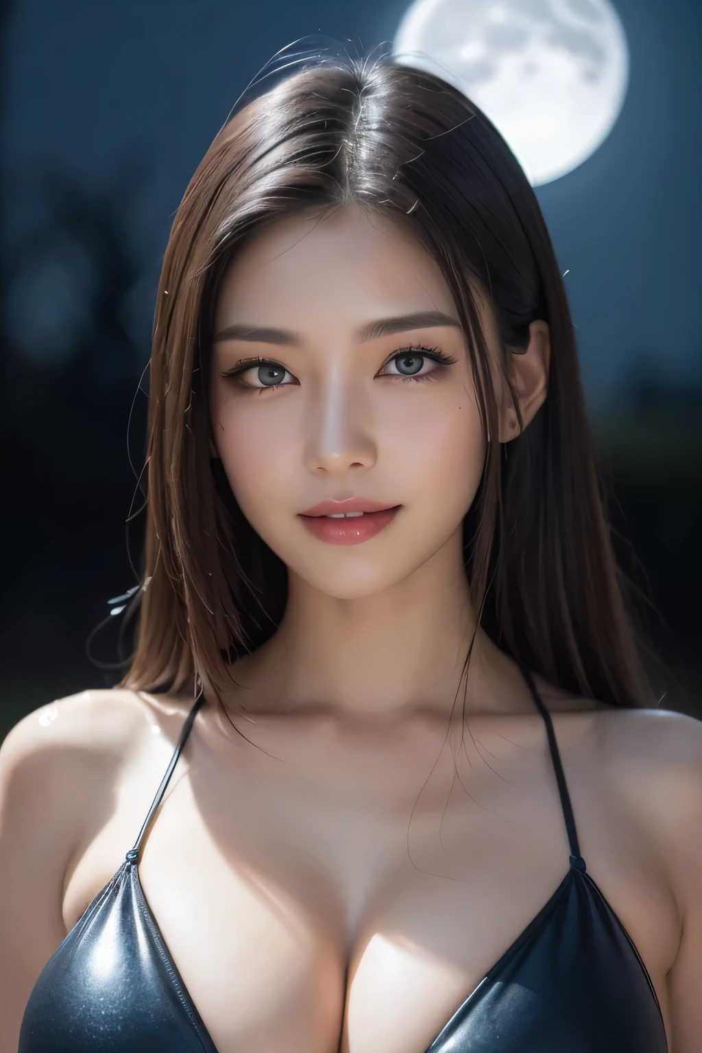 Kimono beauty, body portrait, 8K, thin and beautiful eyes, Dindal effect, masterpiece, top quality, high quality, high resolution, very detailed photo, (natural skin texture, fine skin, hyper realism, super sharpness) , high detail skin, (very fine, fine skin texture, intricate details, beautiful face, (realistic face), realistic eyes, beautifully detailed eyes, realistic skin, beautiful skin, surreal, Highly detailed, golden ratio, smiling eyes, ((night moonlight background) )), body portrait, G cup, big breasts, huge breasts, large breasts, glamorous, cleavage, wet, shiny body suit