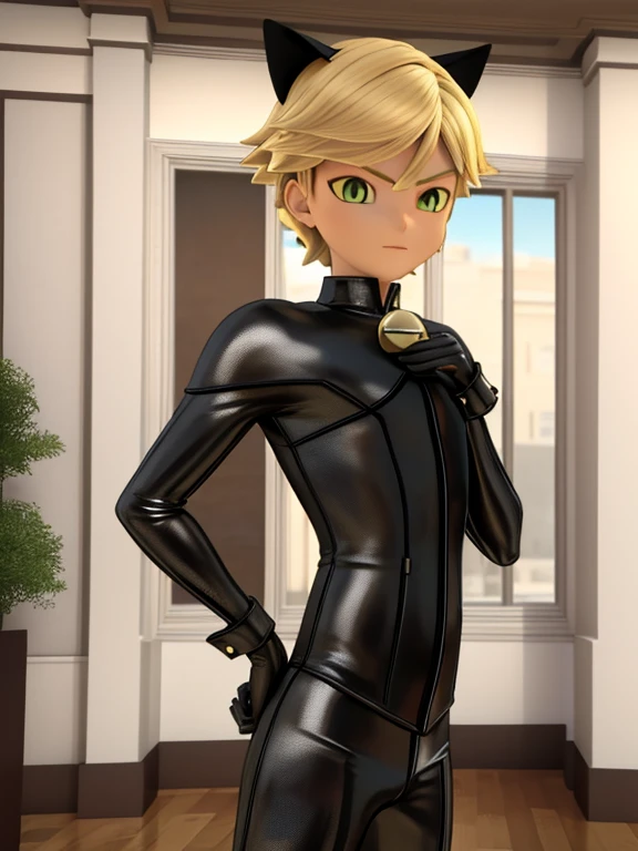 Highres, Masterpiece, Best quality at best, Best Quality, high quality, high detailed, boy, 1boys, cat noir, blonde, catsuit, (masterpiece, 3D anime style, more detail, ultra detail), adult boy, upper body, standing, 