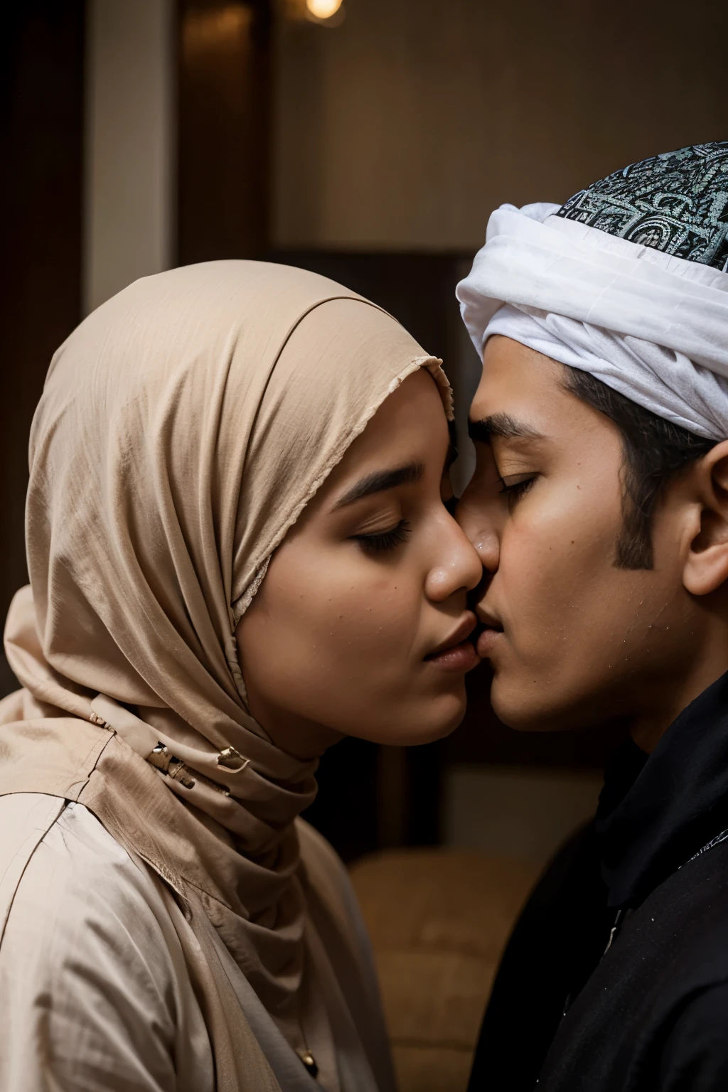 Muslim couple kissing