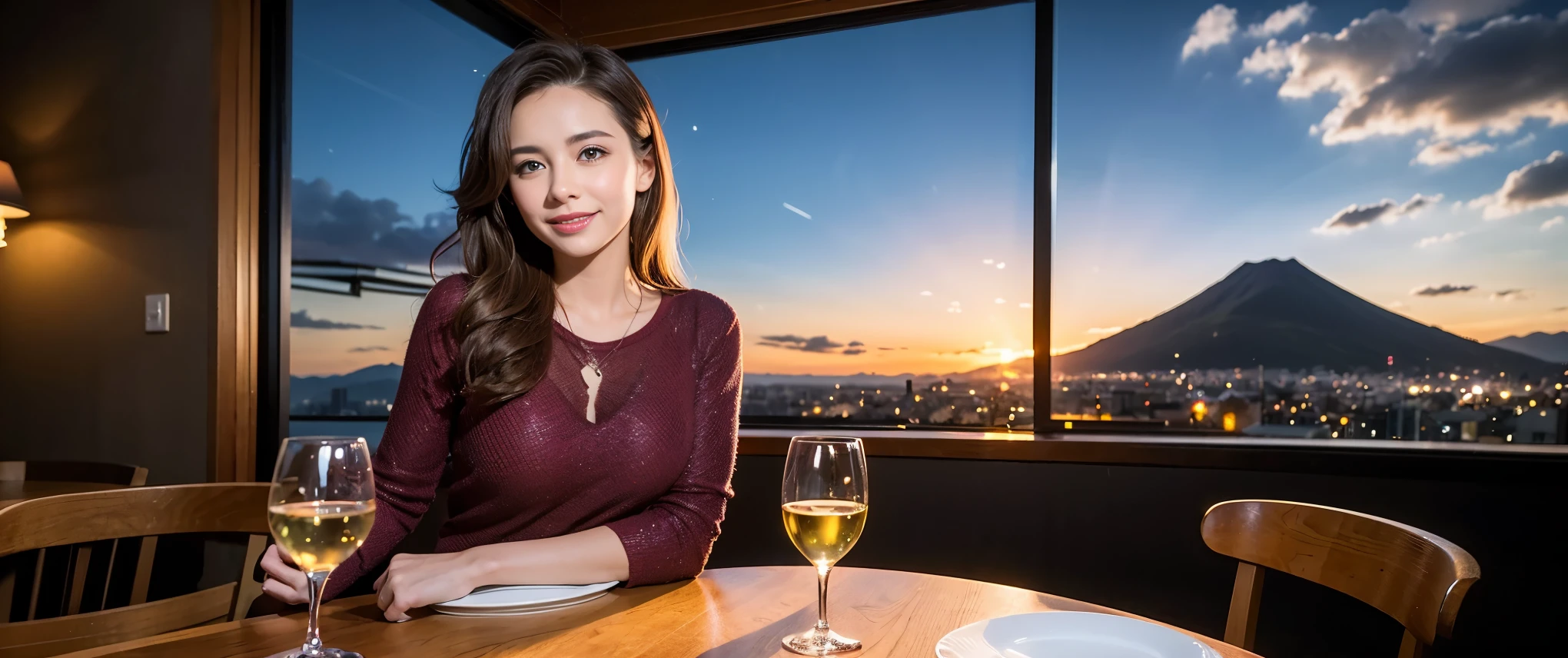 (including k, nffsw, highest quality, table top: 1.2), (realistic, photorealistic: 1.37), Spectacular view of the sunset sky and clouds、Amazing mountain views、long sleeve shirt、winter fashion、Japanese、Dutch、German、Portuguese、Belgian、Italian、French,Champagne、sparkling wine、 (Slim Face), (slim body), (brown hair), (shortcut), neat beauty、cheeks turn a little red, (42 years old), 40 years old, alone, Outside the window, a beautiful and detailed night view unfolds.., restaurant, Wine glass sitting, At night, in a prominent place (from the Upper body) nova frog style, actress, model, Upper body, White wine, slim, wine glass, Super Clean night View, wine glass Put in the Middle, Happy smile, (smile: 1.15), beautiful and detailed eyes, Upper body, bust japan up, night, short, short, actress, model, Upper body, White wine, slim, wine glass, Super Clean night View, wine glass Put in the Middle, Happy smile,