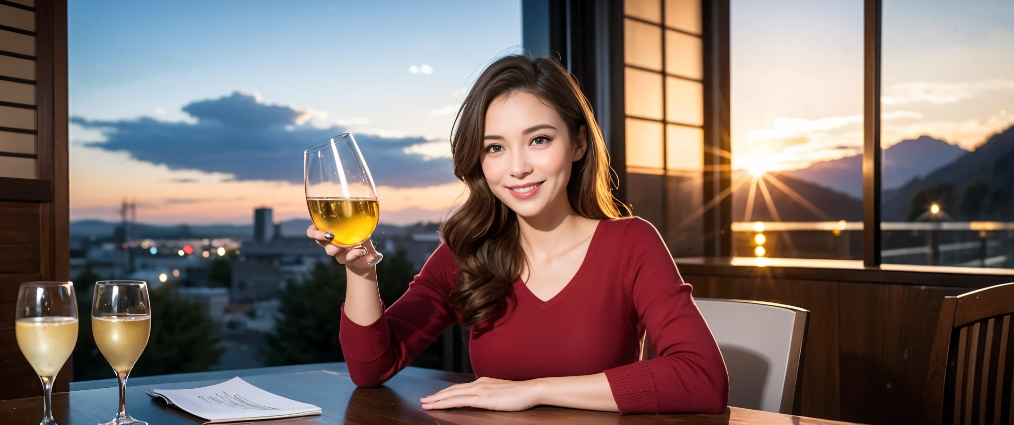 (including k, nffsw, highest quality, table top: 1.2), (realistic, photorealistic: 1.37), Spectacular view of the sunset sky and clouds、Amazing mountain views、long sleeve shirt、winter fashion、Japanese、Dutch、German、Portuguese、Belgian、Italian、French,Champagne、sparkling wine、 (Slim Face), (slim body), (brown hair), (shortcut), neat beauty、cheeks turn a little red, (42 years old), 40 years old, alone, Outside the window, a beautiful and detailed night view unfolds.., restaurant, Wine glass sitting, At night, in a prominent place (from the Upper body) nova frog style, actress, model, Upper body, White wine, slim, wine glass, Super Clean night View, wine glass Put in the Middle, Happy smile, (smile: 1.15), beautiful and detailed eyes, Upper body, bust japan up, night, short, short, actress, model, Upper body, White wine, slim, wine glass, Super Clean night View, wine glass Put in the Middle, Happy smile,