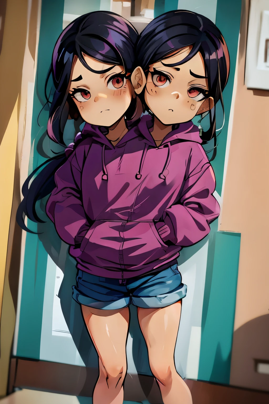 conjoined, 2heads, girl with two heads instead of one, 2head, cuerpo curvilineo, brazos curvilineos, usando shorts, ropa abrigada, piernas curvilineas, anime cartoon, using a purple hoodie, each head has a ponytail, anatomia proporcionada, torso ancho, pechos medianos
