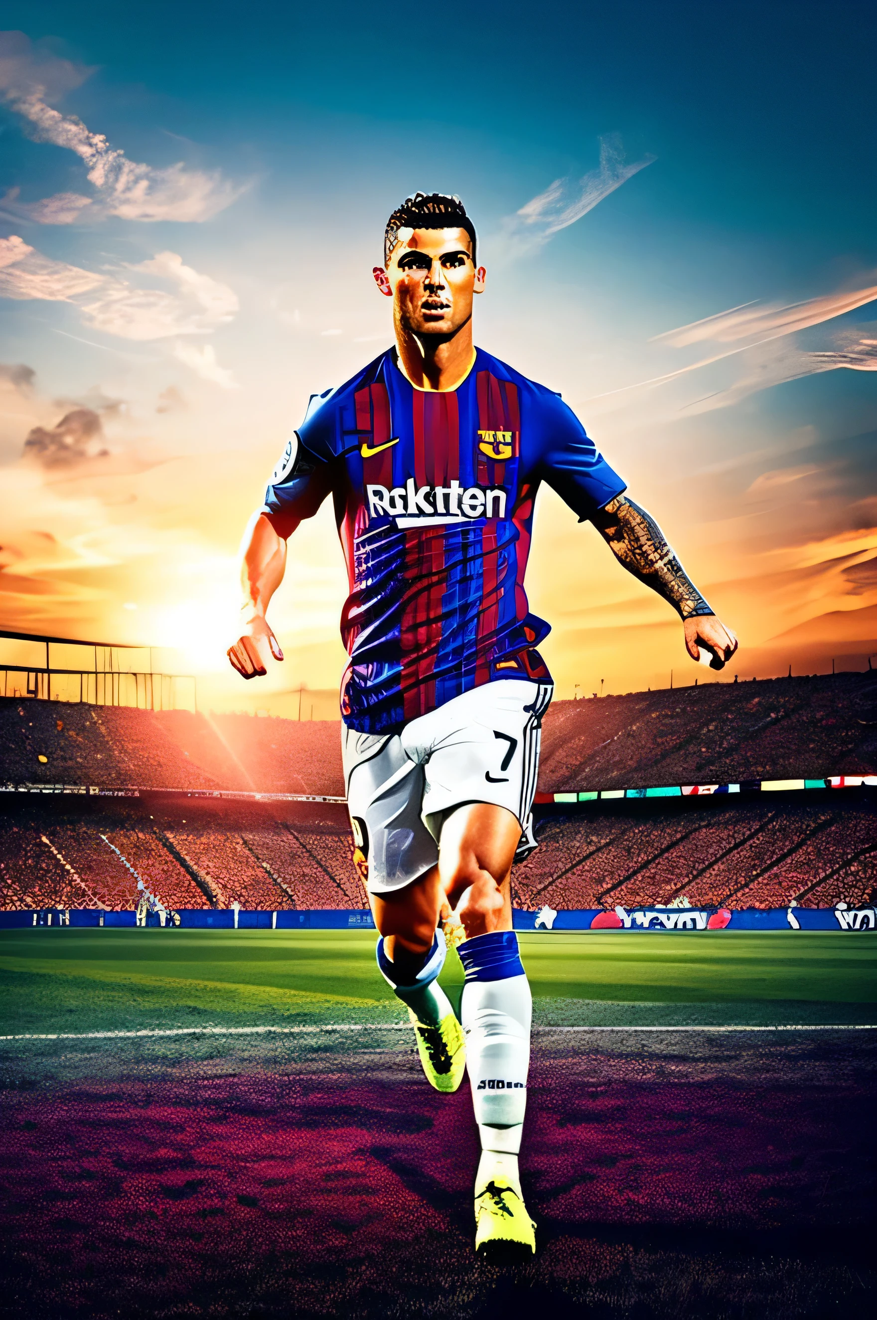 Create an image of Cristiano Ronaldo wearing the Barcelona jersey in a hyper-realistic style, with a dynamic pose, a passionate expression, and a determined look on his face, as if he's about to unleash a powerful strike. The background is a vibrant, sunny Barcelona street, with the iconic Camp Nou visible in the distance. The overall image is set during a crucial match, with the focus of the light on Ronaldo, casting dramatic shadows and creating an intense atmosphere. High resolution, 8K, and optimized for web and print.