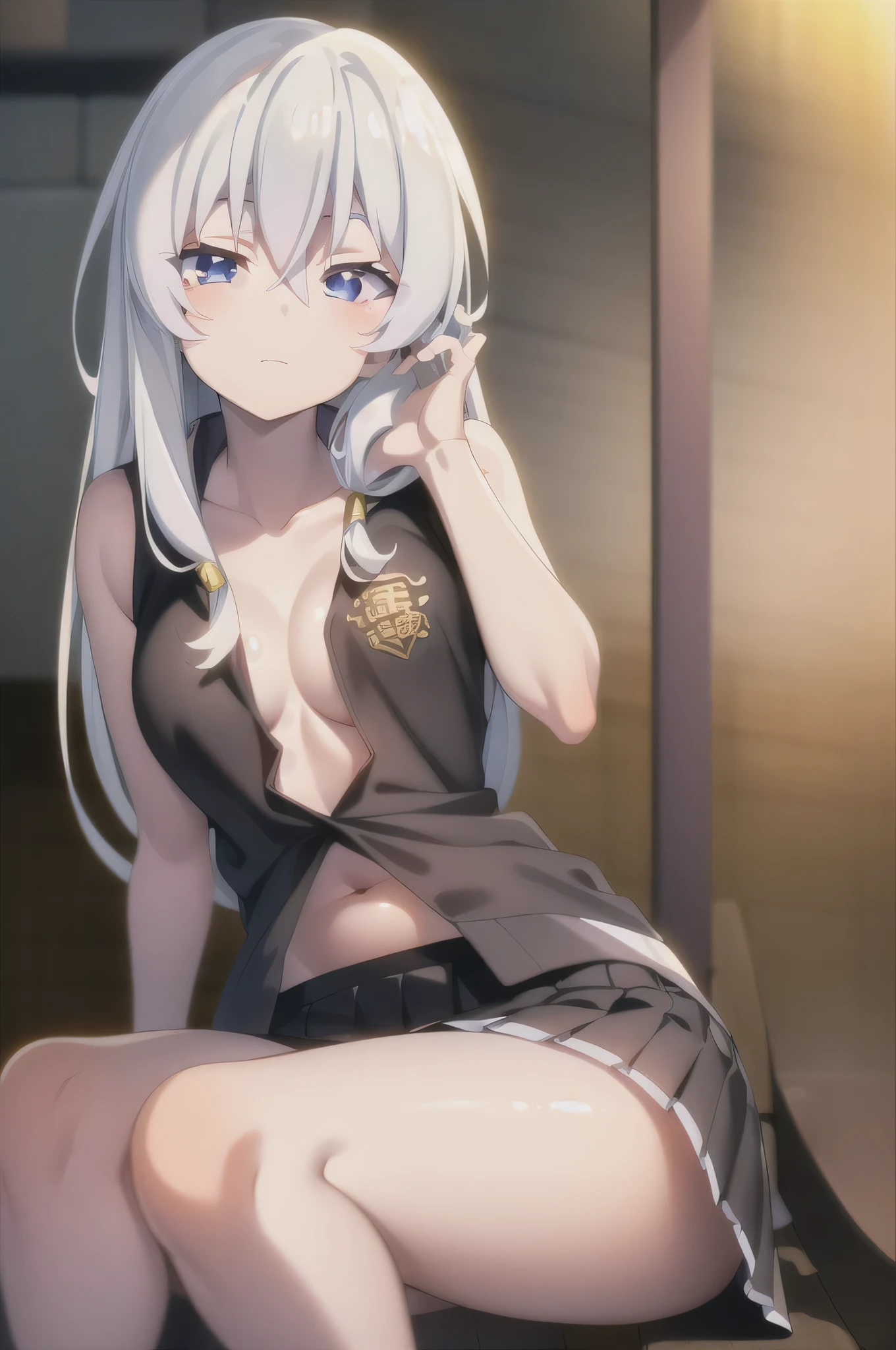 white hair, long hair, s eyes:1.5), (Medium :1.2),
rest miniskirt, skirt, White shirt, Setofuku,Low-cut,Cleavaeyes closed,
rest looking at viewer,
rest indoors, bathhouse,
rest (masterpiece:1.2), best quality, high resolution, Unity 8k Wallpaper, (illustration:0.8), (Beautiful and delicate eyes:1.6), Extremely detailed face, Perfect lighting, Extremely detailed CG, (Perfect hands, Perfect anatomical structure),