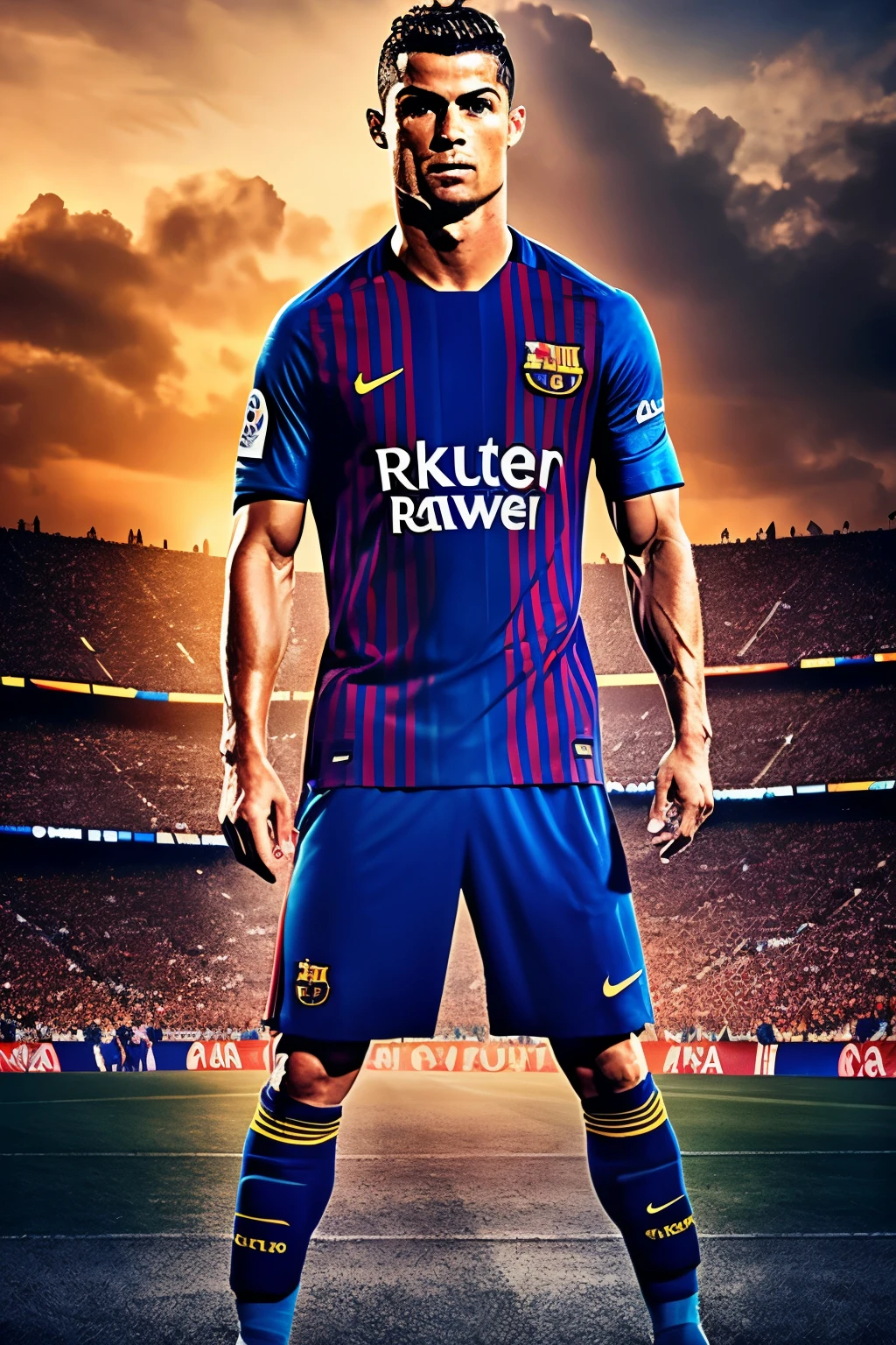 Create an image of Cristiano Ronaldo wearing the Barcelona jersey in a hyper-realistic style, with a dynamic pose, a passionate expression, and a determined look on his face, as if he's about to unleash a powerful strike. The background is a vibrant, sunny Barcelona street, with the iconic Camp Nou visible in the distance. The overall image is set during a crucial match, with the focus of the light on Ronaldo, casting dramatic shadows and creating an intense atmosphere. High resolution, 8K, and optimized for web and print.