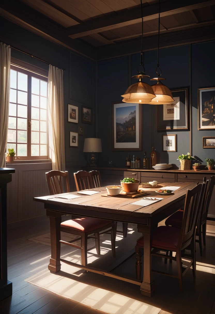 (Panorama, center, masterpiece, highest quality: 1.2), (8K, Raw photo, highest quality), ((masterpiece:1.2)), Realistic, Ultra-high resolution, High Contrast, Photon Mapping, Bright colors, Real, Ultra-detailed, Very detailed, Raw photo, Genuine, Official Art, RAW Photos, Professional Lighting, Light, Professional Writing, twiceLight, Vivid atmosphere, High-definition CG, Unity8k), Matsumoto Izumikaze, A girl in a high and a white kitten、Eating in the living room。A warm light envelopes a girl and a kitten.、The atmosphere is fun, friendly and safe。On the dining table、A lineup of homemade dishes、enjoying。The interior of the house、Beautifully appointed、It creates a peaceful atmosphere。Family photos and memorabilia on the walls々Decorated with、You can feel the family history and ties.。There's a fire in the fireplace、The warmth spreads throughout the house.。There are plants in the living room、You can feel the vitality of nature。Outside the window、There is a beautiful garden。Colorful flowers bloom in the garden、I can see the little birds chirping。Family ties in nature are emphasized、It gives a sense of the beginning and growth of life.。The home is a sacred place.、By valuing time with family、It symbolizes a day of peace of mind and fulfillment.。Captivating natural beauty,Shining Star Fragment, An atmosphere that exudes the excitement of adventure。An atmosphere that makes you feel happy and joyful。High Fantasy Worldview, A magnificent compositionや比率が美しく描写, Guardian nebula of rainbow light and silvery vapor, Corrosive Encirclement Ray Family Color, Slimy air, A magnificent composition, Epic proportions,
