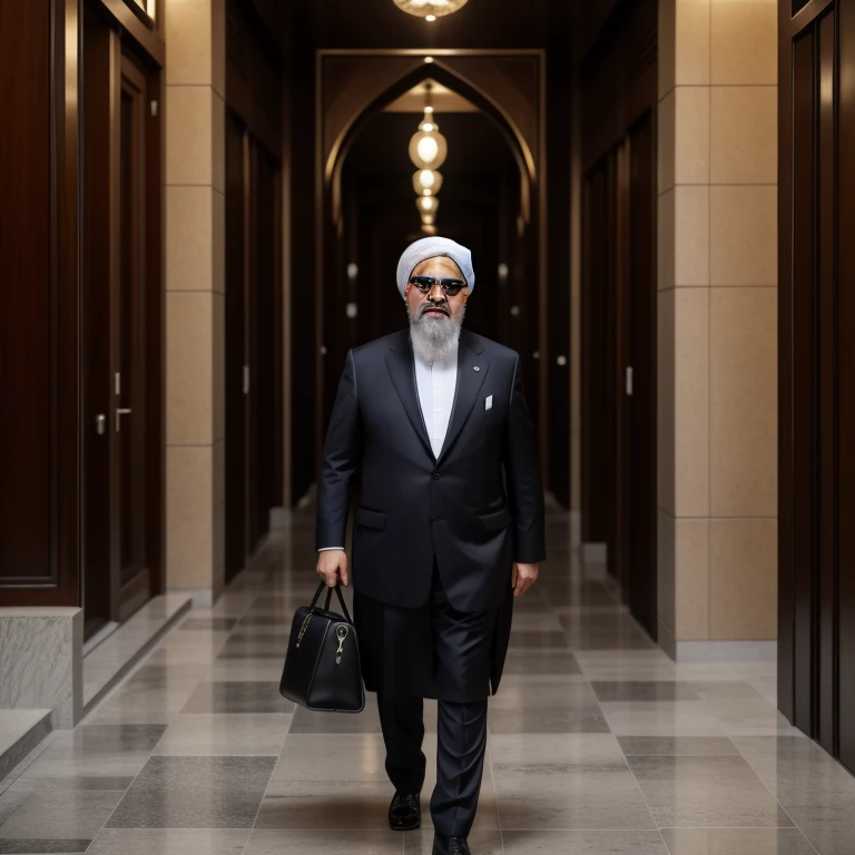 a realistic portrait of Ebrahim Raisi, President of Iran, walking on the streets of Tehran, Iran, highly detailed, 4K, 8K, masterpiece, photorealistic, studio lighting, ultra-fine details, vivid colors, natural lighting, dramatic shadows, imposing presence, confident posture, serious expression, bespoke suit, urban background, Iranian architecture