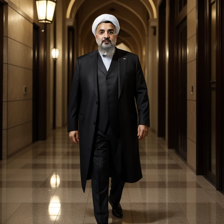 a realistic portrait of Ebrahim Raisi, President of Iran, walking on the streets of Tehran, Iran, highly detailed, 4K, 8K, masterpiece, photorealistic, studio lighting, ultra-fine details, vivid colors, natural lighting, dramatic shadows, imposing presence, confident posture, serious expression, bespoke suit, urban background, Iranian architecture