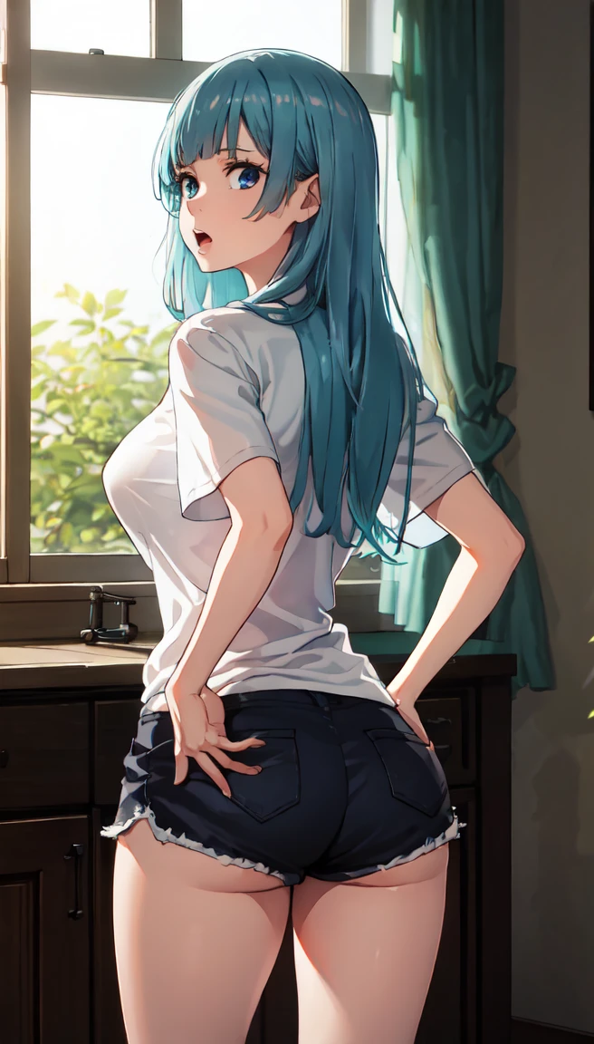 photorealistic, (4k), depth of field, (Masterpiece), (realistic skin texture), extremely detailed, intricate, hyper detailed, professional photography, bokeh, high resolution, sharp detail, best quality, girl, long hair, aqua hair, blunt bangs, blue eyes, dynamic pose, baggy graphic tshirt, dolfine shorts, booty shorts, beautiful thighs, colarbone, indoors, (facing viewer), looking at viewers, large breasts,kasumi, miwa, kasumi miwa, hands on hips leaning forward, downblouse, mouth open