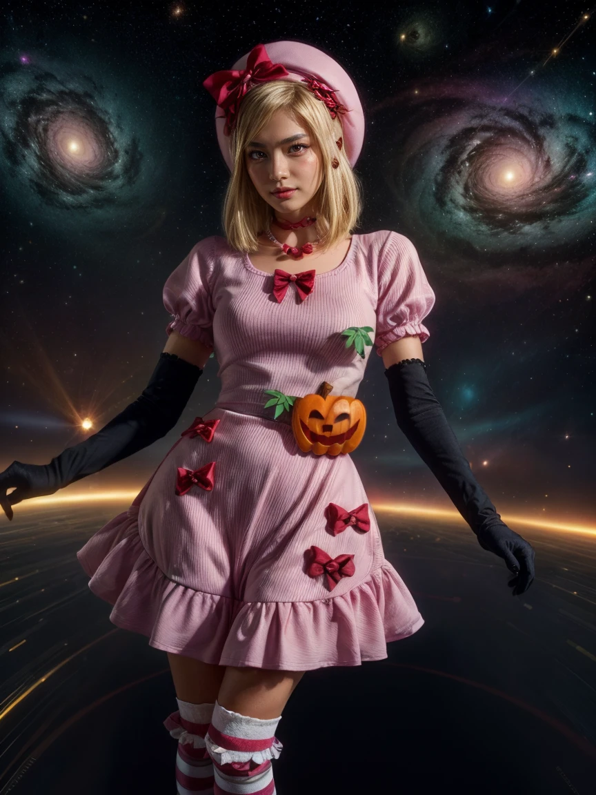 (1 lady), The beautiful, (Best quality at best:1.4), (ultra - detailed), (extremely detailed CG unified 16k), gold blonde hair, very detailed, High-definition RAW color photo, professional photoshooting, amazing face and eyes, cosmetics, (amazingly beautiful girl), ((lambdadelta, taller, tall woman)), ((dress, shoes bow, red shoes, striped stockings, red bow, pink hat, necklace, gloves, pearl, pumpkin brooch, pink dress)), levitating in a cute posture (floating in the air), (She's levitating in a cosmic sea, outer space, quantum hyperspace room lacking walls, hyperspace chamber, extremely detailed background, a lot of details background, realistic background), (look from above), realistic cinematic face, head to feet long wide zoomed out view, full body long view, photorealistic, ((realistic natural blonde hair style, red eyes)), gorgeous, extremely beautiful face, perfect model beauty, flirting smile, (mystical stare, looking eternity), (masterpiece), best quality, high resolution, depth of field, cinematic lighting, amazing legs, high heels, clear and well-cared skin