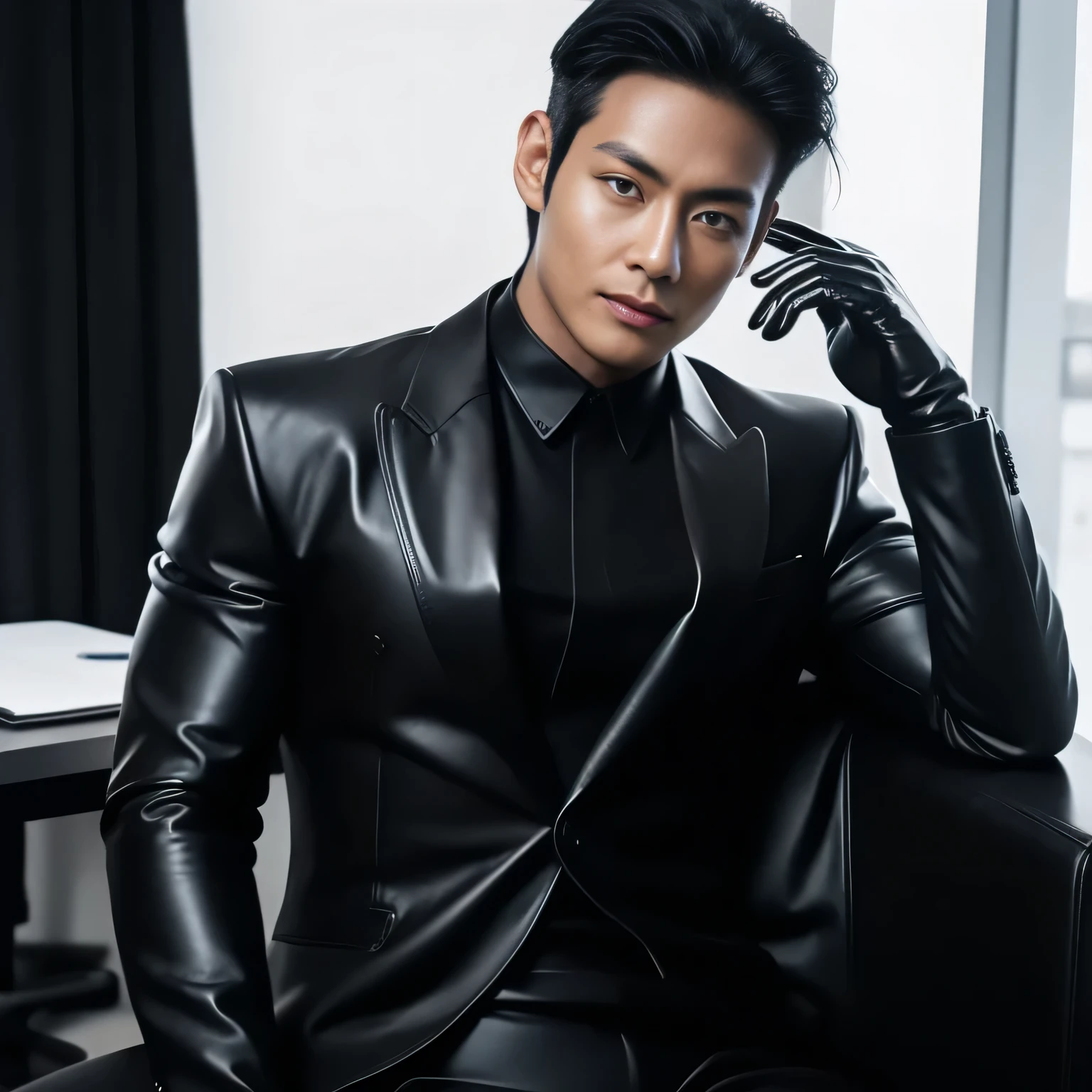 20years old,daddy,tight black shiny suit sit down,k hd,in the office,muscle, gay ,black hair,asia face,masculine,strong man,the boss is,handsome,sex,leather gloves,lecherous dad,look straight ahead,Dad is erection