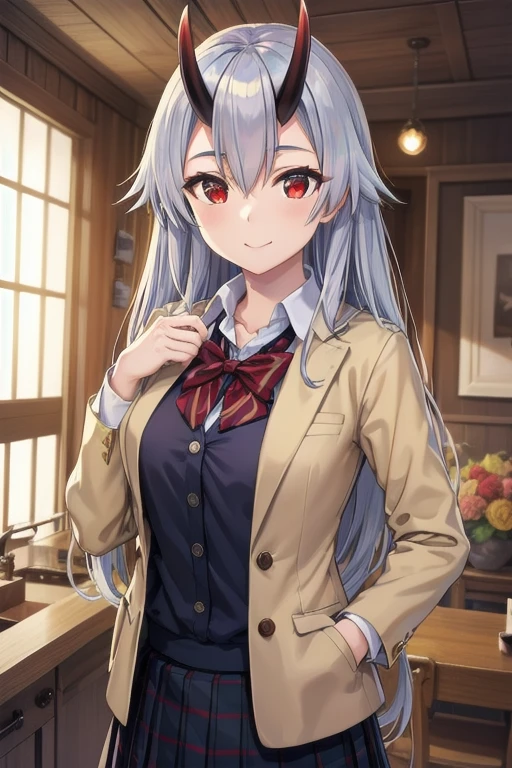 A highly detailed, photorealistic portrait of Tomoe Gozen, a beautiful young woman with red eyes, a cute smile, and silver hair partially covering her eyes, wearing a light jacket, blouse, and skirt in a college uniform style, with oni horns, masterfully rendered in the Torino style, best quality, 4k, 8k, ultra-detailed, realistic, photo-realistic, vivid colors, professional, studio lighting