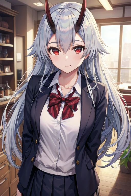 A highly detailed, photorealistic portrait of Tomoe Gozen, a beautiful young woman with red eyes, a cute smile, and silver hair partially covering her eyes, wearing a light jacket, blouse, and skirt in a college uniform style, with oni horns, masterfully rendered in the Torino style, best quality, 4k, 8k, ultra-detailed, realistic, photo-realistic, vivid colors, professional, studio lighting