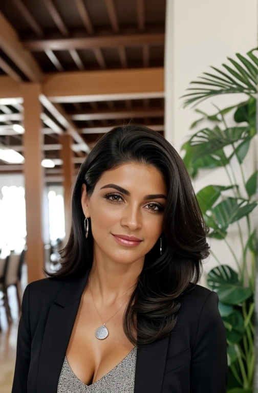 Sofia is a happy 27-year-old woman, who is Mexican, she has dark brown hair down to her back, a light brunette, with a blouse that makes her brown eyes stand out, Sofia looks at the photo from the front