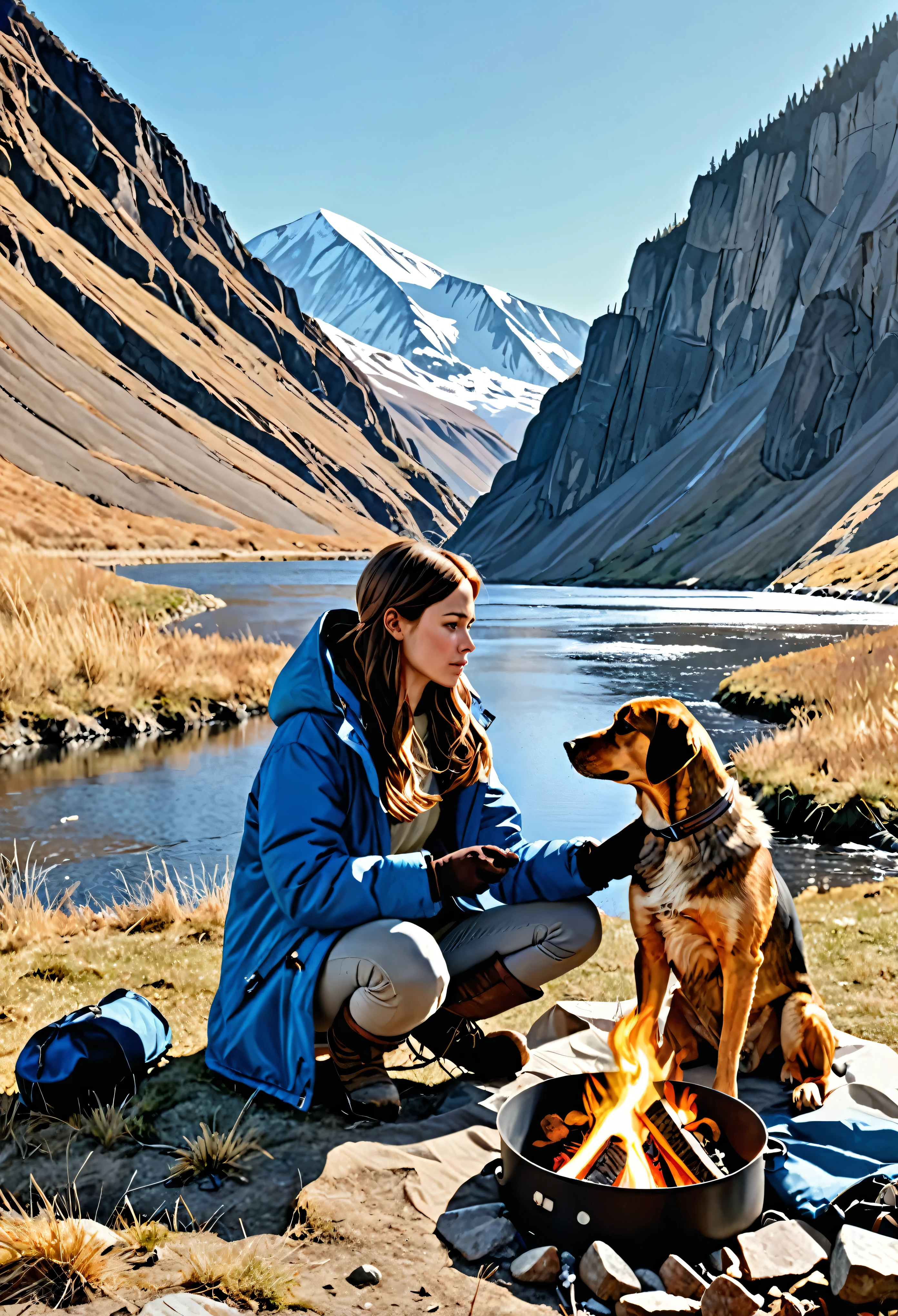 Acampada al aire libre, 1 chica, solo, pelo largo, by the chestnut, mangas largas, tenencia, guantes sin dedos, session, chaqueta, outdoors chaqueta, abrigo, animal, Un perro, carpa, hoguera, Next to the river, mountain, cielo azul, day, realista,