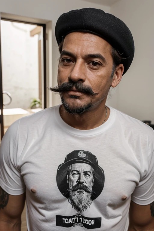 Homem 41 anos ,com barbicha e bigode curtos , estilo anos 80, camiseta preta, hat