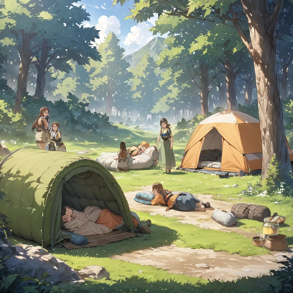 highest quality, masterpiece, Highly detailed background, anime character, A lively camp scene, Group of 3, Earth-toned camping gear, Laughing, (Sleeping bag, enter, wear), Forest groves and grassland, Girl rolling on the grass, Girls playing on the grass