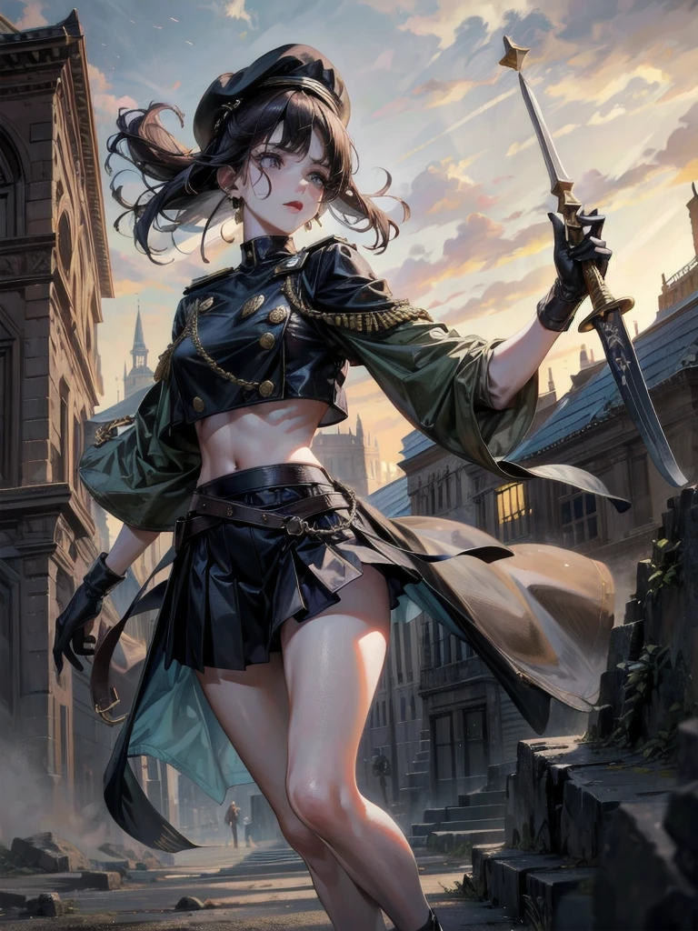 whole body, beret, skirt, military uniform, holding a ((broad)) sword, A beautiful night landscape, absurdres, RAW photo, extremely delicate and beautiful, masterpiece, Best Quality, ultra high resolution, 32k, hyperrealistic, ultra-detailed, perfect figure, perfect shape, detailed description, pale skin, 20 years old, detailed beautiful face and eyes, tearful mole, earring, short medium hair, wavy hair,