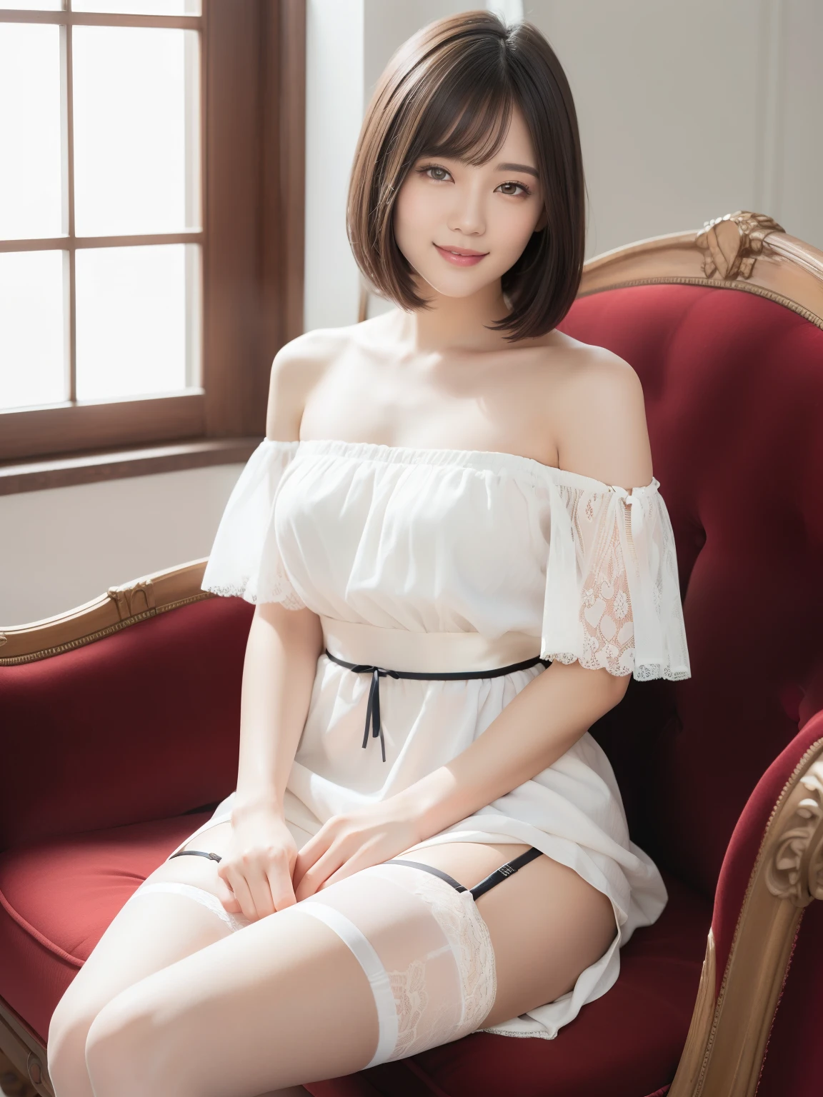 (Best quality: 1.5), (Realistic: 1.5), (1 person: 1.5), (Medium shot: 1.5), Highly detailed, High resolution, 8k, Medium breasts, Natural colored lips, Cute smile, Japanese woman, 20-year-old girl, beautiful and elegant features, perfect and beautiful face, large eyes with good balance between the left and right sides, brunette eyes, beautiful and elegant features, beautiful double eyelids, natural bangs, beautiful thin nose, Beautiful skin, fair skin, (medium bob hair), natural bangs, perfect and beautiful face, slim face and figure, (looks at the camera with a sweet smile), bright lighting, professional lighting, forward lighting, (wearing off-shoulder dress with lace), the finest dress, (micro miniskirt dress with lace) , ((garter belt)), knee-length lace stockings with lace, girl relaxing sitting on a luxury sofa,