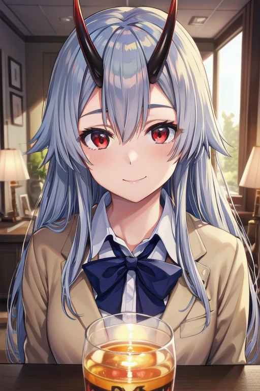 A highly detailed, photorealistic portrait of Tomoe Gozen, a beautiful young woman with red eyes, a cute smile, and silver hair partially covering her eyes, wearing a light jacket, blouse, and skirt in a college uniform style, with oni horns, masterfully rendered in the Torino style, best quality, 4k, 8k, ultra-detailed, realistic, photo-realistic, vivid colors, professional, studio lighting