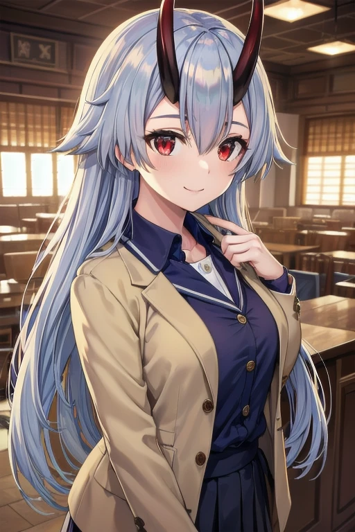 A highly detailed, photorealistic portrait of Tomoe Gozen, a beautiful young woman with red eyes, a cute smile, and silver hair partially covering her eyes, wearing a light jacket, blouse, and skirt in a college uniform style, with oni horns, masterfully rendered in the Torino style, best quality, 4k, 8k, ultra-detailed, realistic, photo-realistic, vivid colors, professional, studio lighting