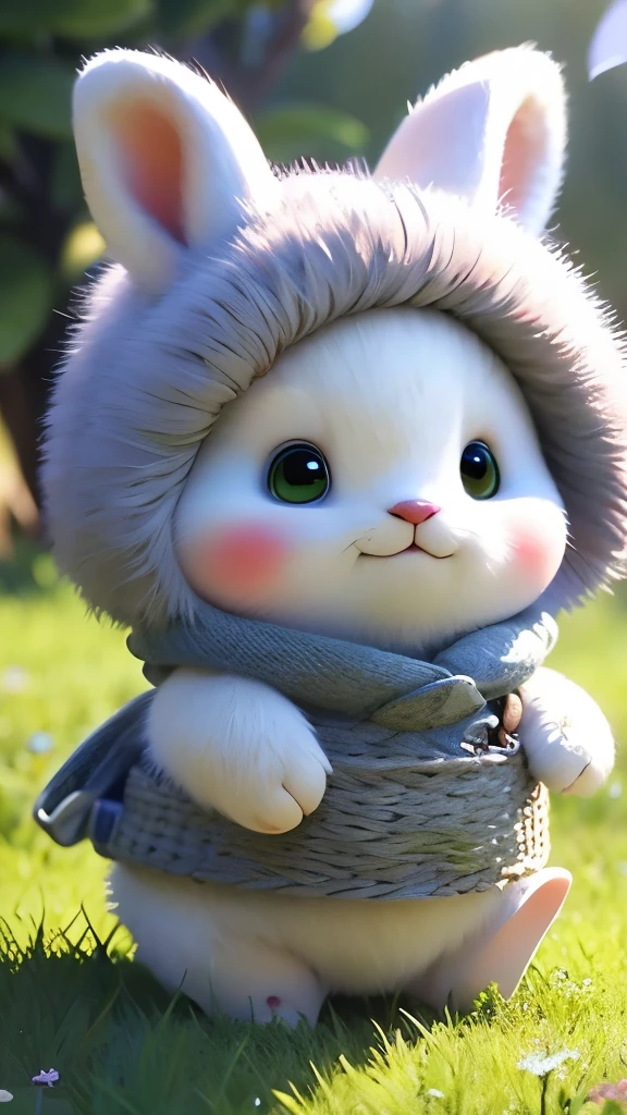 A rainbow-colored rabbit hops skillfully through the lush, verdant grassland, its paws clad in soft, fur-lined paws delicately clutching a basket filled with colorful eggs. With nimble grace and boundless agility, it digs small, intricate holes in the soft, well-watered earth, using its powerful hind legs to expertly conceal each precious egg in a secret, hidden nest. Its fluffy, rainbow-hued fur shimmers in the gentle sunlight, reflecting a spectrum of radiant colors, while its alert eyes dart cautiously around, scanning the surroundings for any potential threats. Huddled in the protective