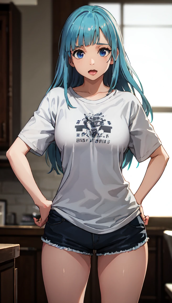 photorealistic, (4k), depth of field, (Masterpiece), (realistic skin texture), extremely detailed, intricate, hyper detailed, professional photography, bokeh, high resolution, sharp detail, best quality, girl, long hair, aqua hair, blunt bangs, blue eyes, dynamic pose, baggy graphic tshirt, dolfine shorts, booty shorts, beautiful thighs, colarbone, indoors, (facing viewer), looking at viewers, large breasts,kasumi, miwa, kasumi miwa, hands on hips leaning forward, downblouse, mouth open