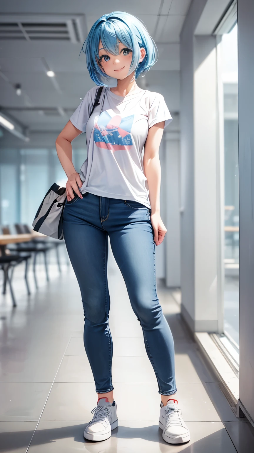 Full body, anime girl, standing, smile, looking at viewer, short light blue hair, Active and cheerful personality, blank background, jeans and T shirt,