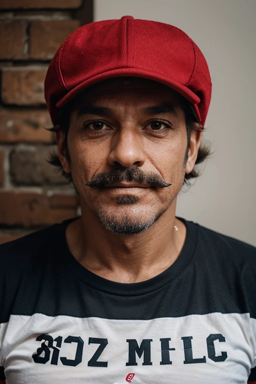 Homem 41 anos ,com barbicha e bigode curtos , estilo anos 80, camiseta preta, Red Hat