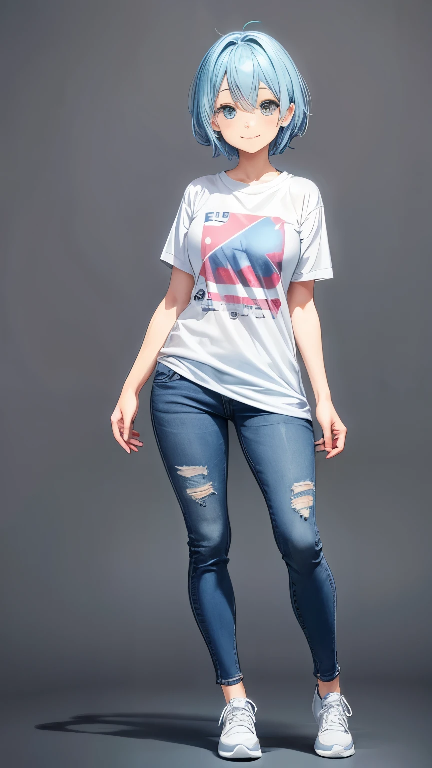 Full body, anime girl, standing, smile, looking at viewer, short light blue hair, Active and cheerful personality, blank background, jeans and T shirt, 