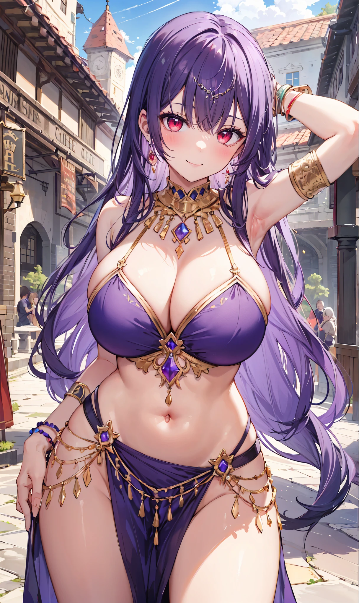 high quality, ultra detailed, best quality, insanely detailed, beautiful, masterpiece, 1girl, medieval plaza, cowboy shot, red eyes, long hair, purple hair, belly dancer, circlet, earrings, armlets, bracelets, bashful smile, large breasts, cleavage, soft stomach