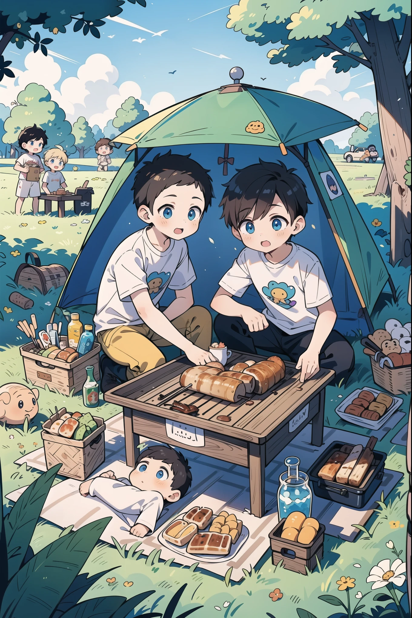 (5 boys watching and playing with each other), whole body (Laurie: 1.2), camping, picnicking, barbecue, barbecue, summer, flowers, evening, shoes, children's illustrations, masterpieces, best quality,