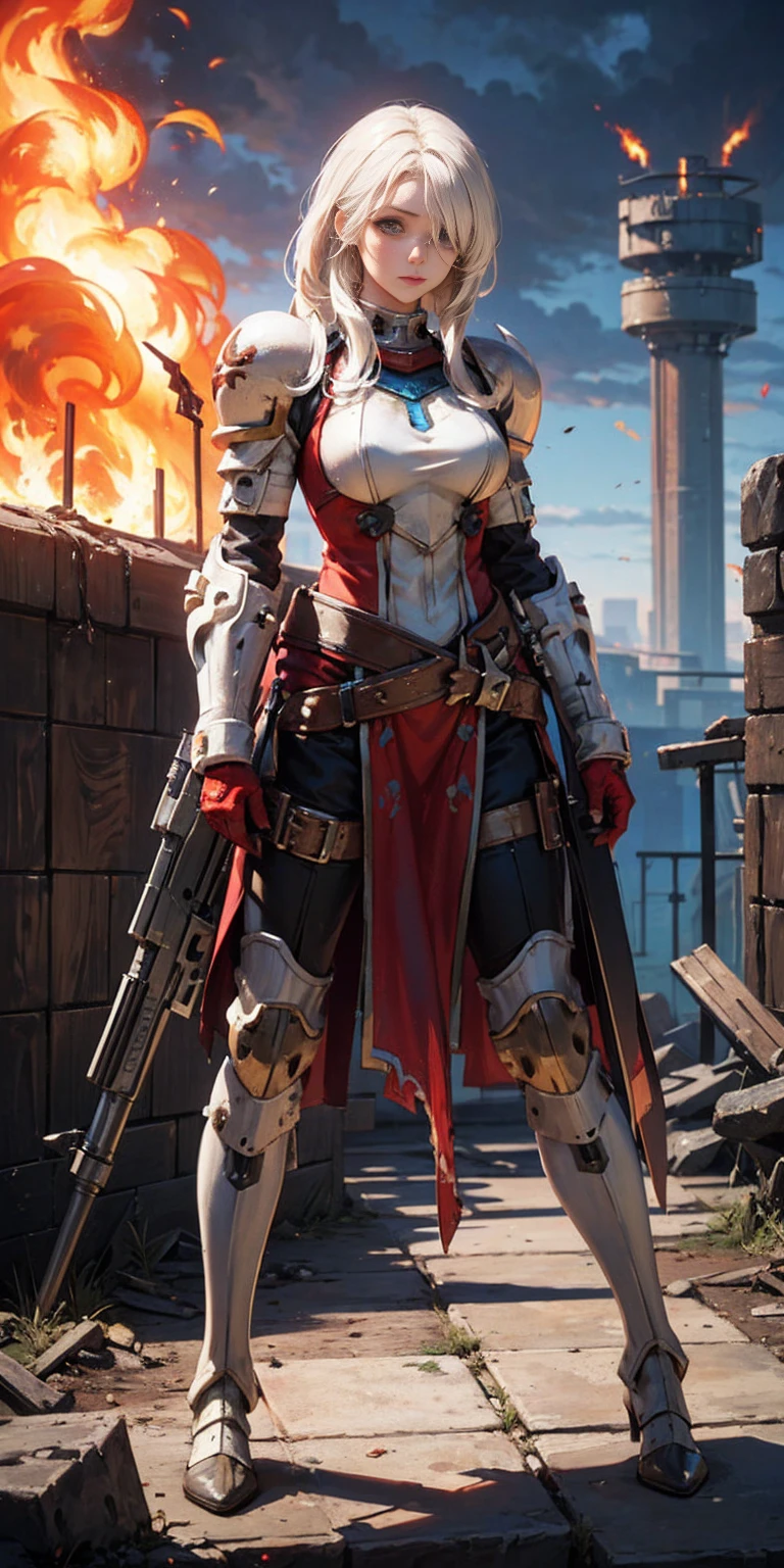 (masterpiece:1.2), (best quality:1.2), perfect eyes, perfect face, perfect lighting, 1girl, mature whsororitas with a laser rifle in her hands, scar over one eye, eyepatch, red tabard, white hair, warhammer 40k, chaos, fire, scifi, detailed ruined city background, power armor