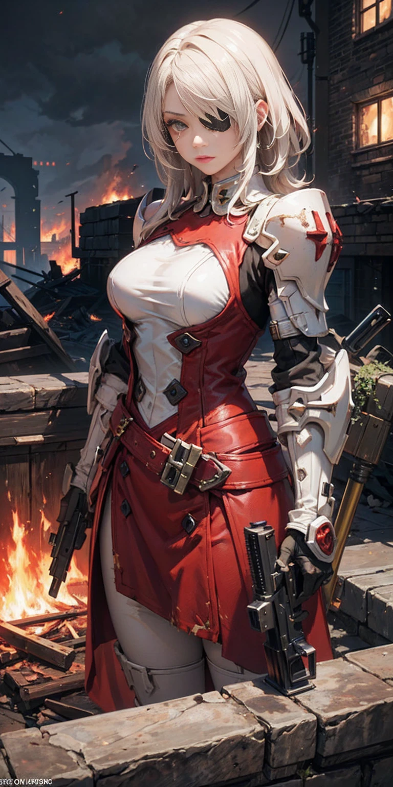 (masterpiece:1.2), (best quality:1.2), perfect eyes, perfect face, perfect lighting, 1girl, mature whsororitas with a laser rifle in her hands, scar over one eye, eyepatch, red tabard, white hair, warhammer 40k, chaos, fire, scifi, detailed ruined city background, power armor