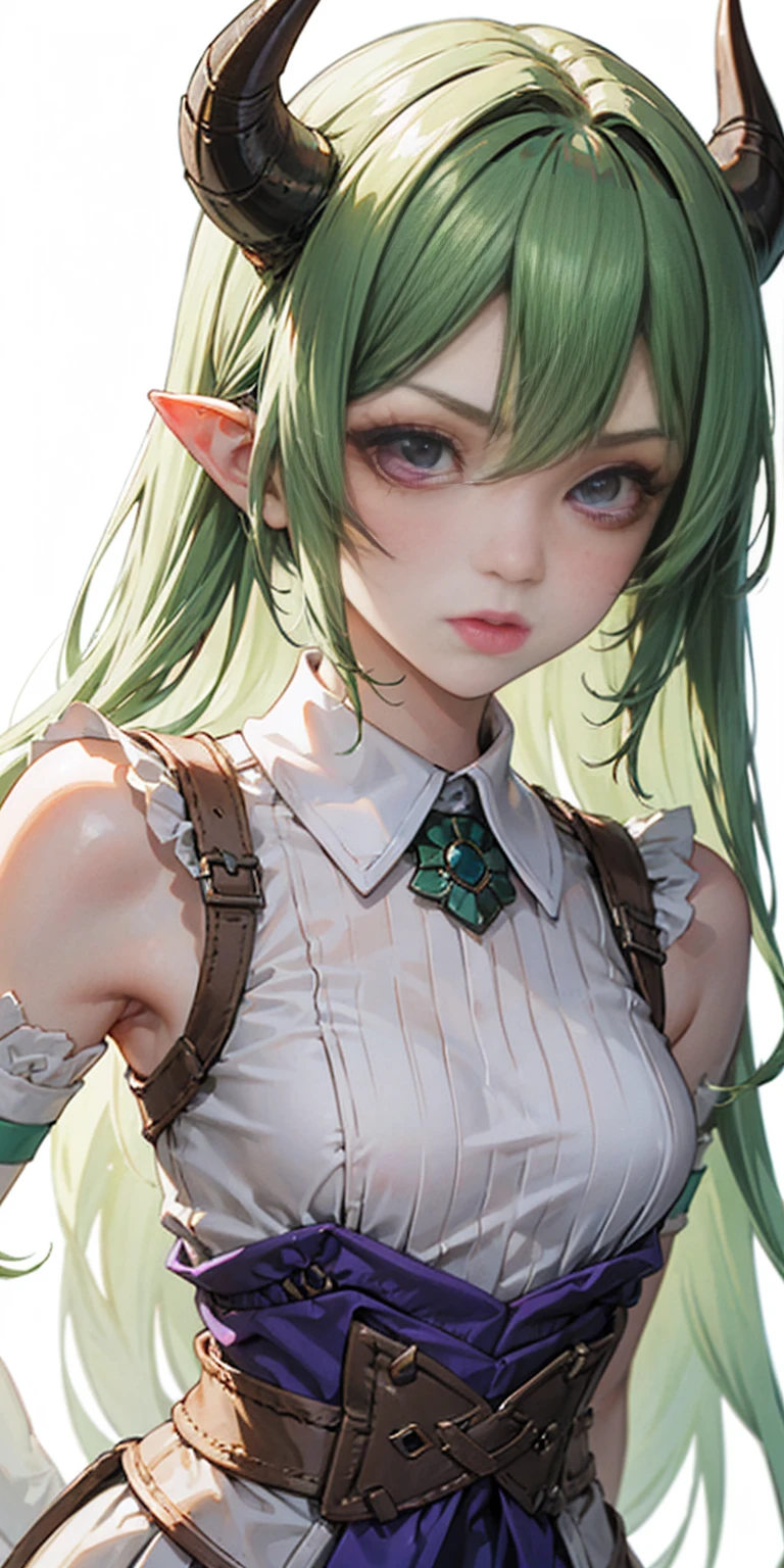 masterpiece, best quality, 4k, face close-up, portrait, 1girl, solo, beige hair, light green hair, pale green hair long hair, purple eyes, empty eyes, small breasts, (oni girl, oni horns), serious, determined, straight shot, white blouse, one piece blouse, japanese clothes, medieval fashion, standing, arms behind back, looking at viewer, white background, simple background, transparent background
