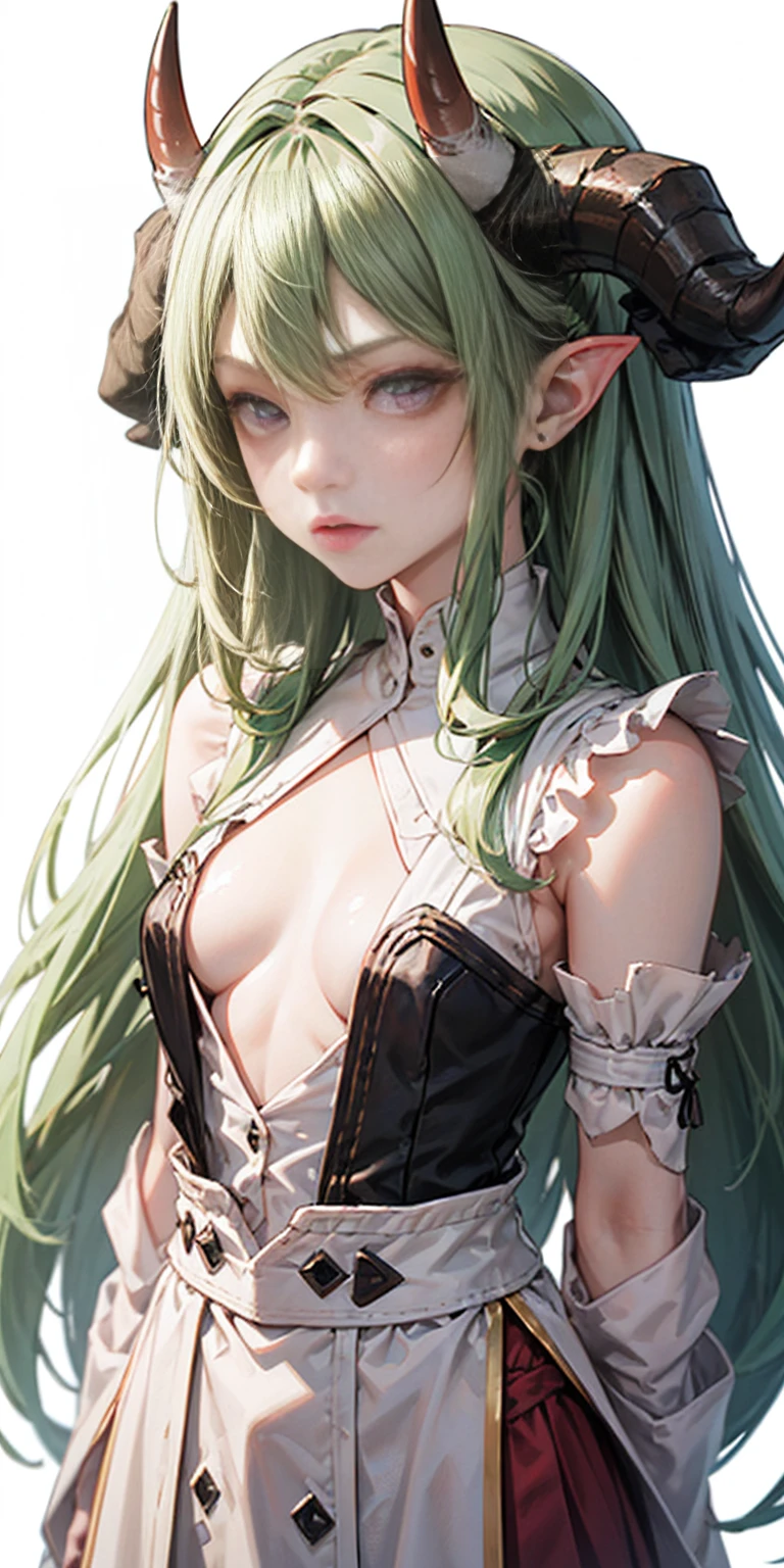 masterpiece, best quality, 4k, face close-up, portrait, 1girl, solo, beige hair, light green hair, pale green hair long hair, purple eyes, empty eyes, small breasts, (oni girl, oni horns), serious, determined, straight shot, white blouse, one piece blouse, japanese clothes, medieval fashion, standing, arms behind back, looking at viewer, white background, simple background, transparent background