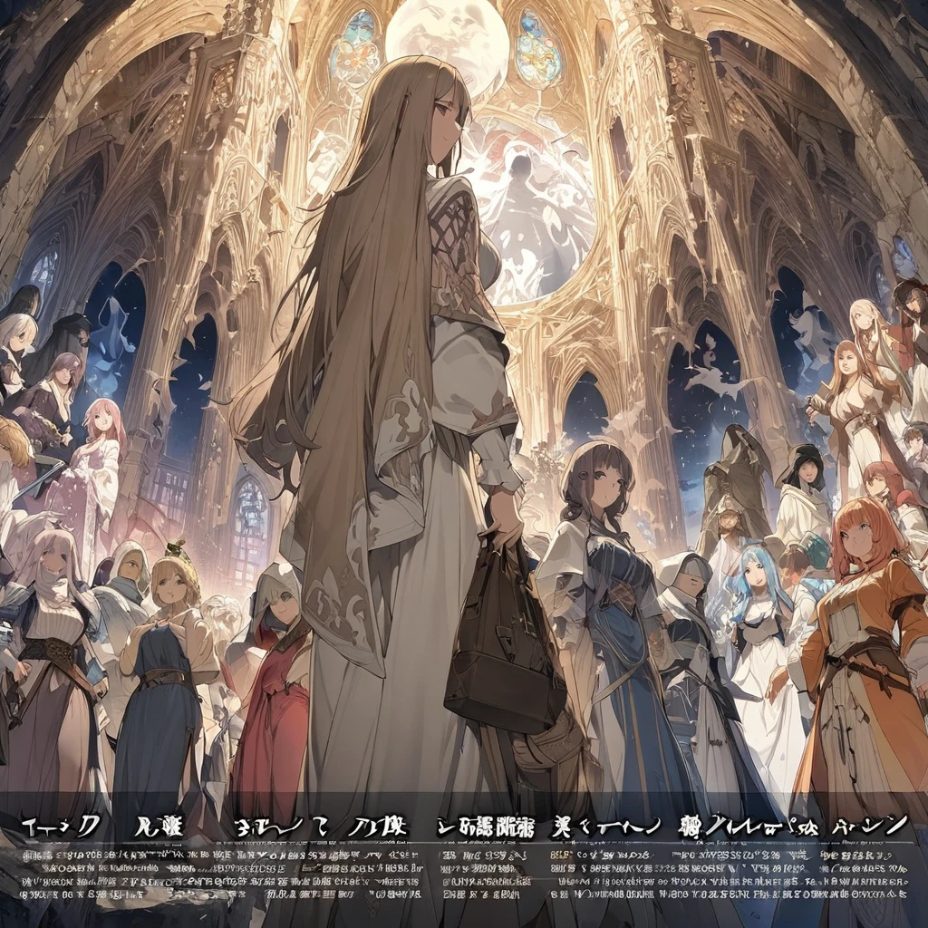 highest quality, masterpiece, 超高精細なpeople物描写, Highly detailed background, Anime character introduction chart, All shots taken from behind the camera, 登場people物people数４people, Apparition, Ghost, monster, Demihuman, Fantasy Anime, Medieval Stories, Intricate designs and patterns in the style of Mucha, From below。