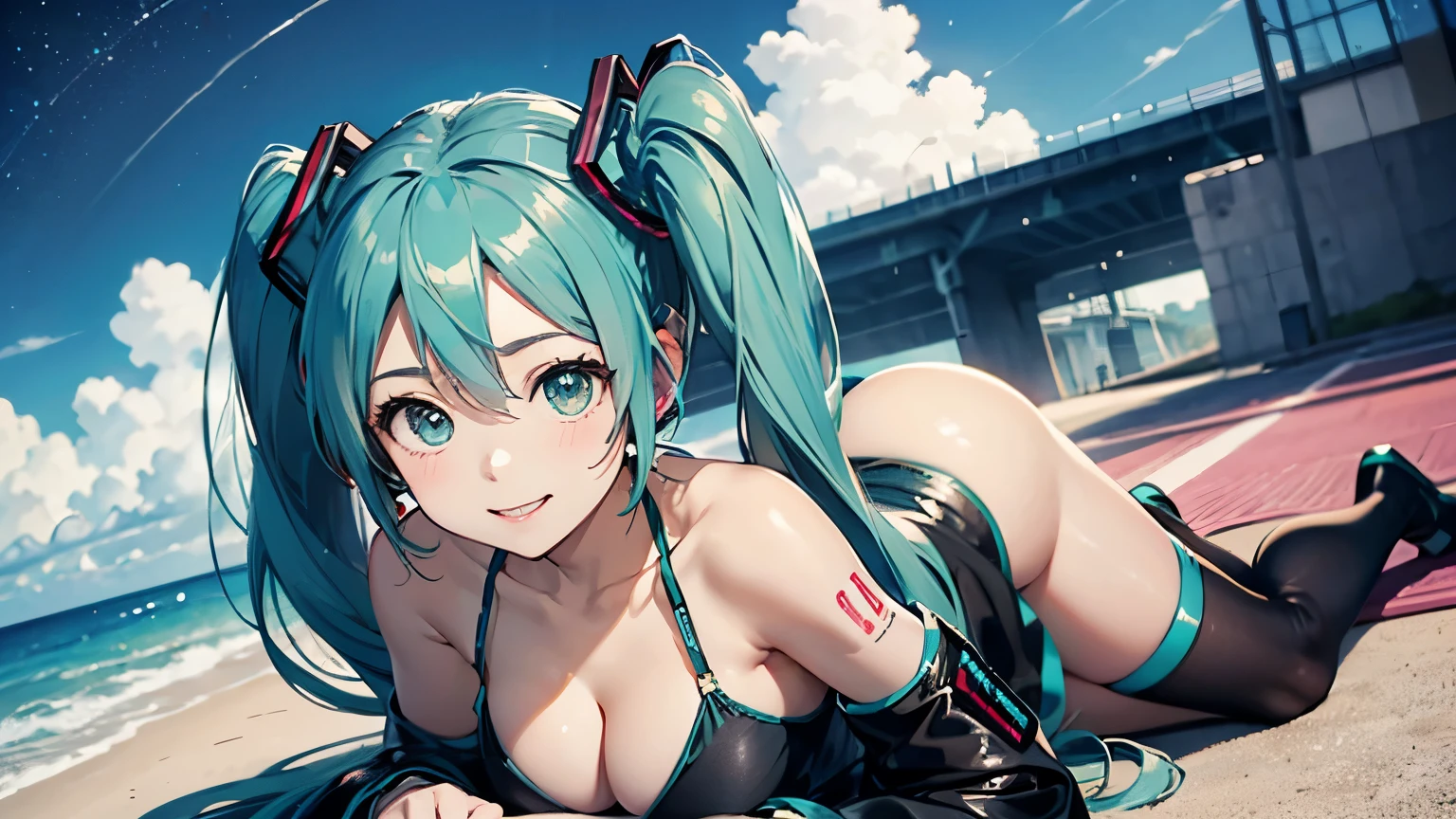 masterpiece, highest quality, highest quality,Official Art),(Hatsune Miku1人:1.3),(魅力的なHatsune Miku),((masterpiece, highest quality))、8k、One Woman、((18-year-old))、((Green Hair))、Big eyes、Sparkling eyes、Beautifully drawn eyes、smile、Large Breasts、Bikini、Beautiful night view、Near and far in the air、Hatsune Miku、Opening her legs