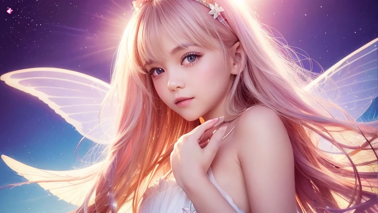 1angel,1 Fairy,2Girl,10 years old,2 people,Smile,smile,Magic wand,noon,summer,Tropical,Light of the sun,Light background,cute,Princess Dress,clear,happiness,Thick Coating,Angel Wings,Fairy Wings,Silky shiny hair,Glossy Skin,Long Hair,Fairyland,Soft light,rainbow,dream,hope,Pop Art,pastel colour,Sparkling Eyes,fine,Non-Adult,High resolution,Less exposed skin,light peach-colored hair,Thin eyebrows